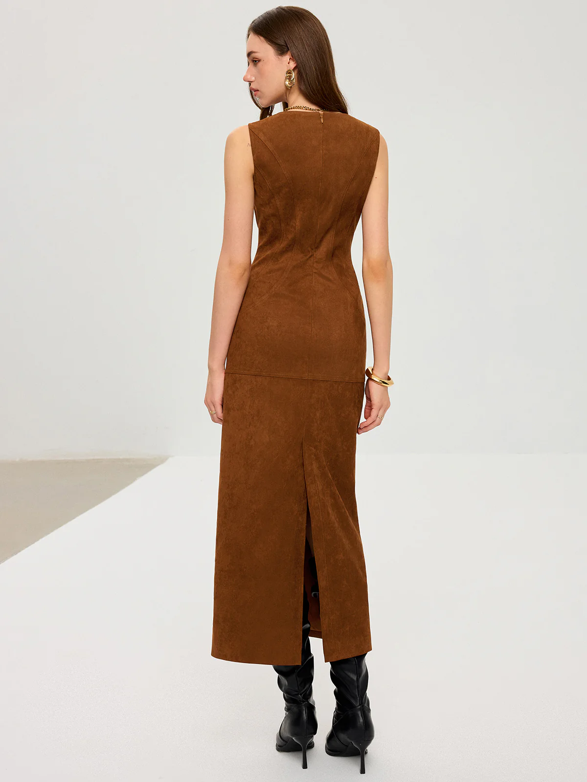 Suede Effect Low-Neck Sleeveless Maxi Dress - Wholesalesil