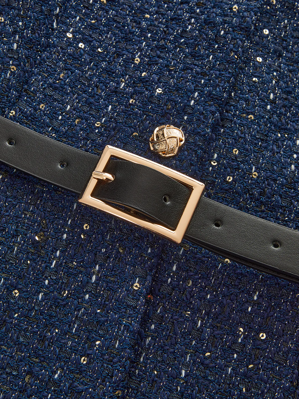 Metal Button Belted Tweed Jacket - Wholesalesil