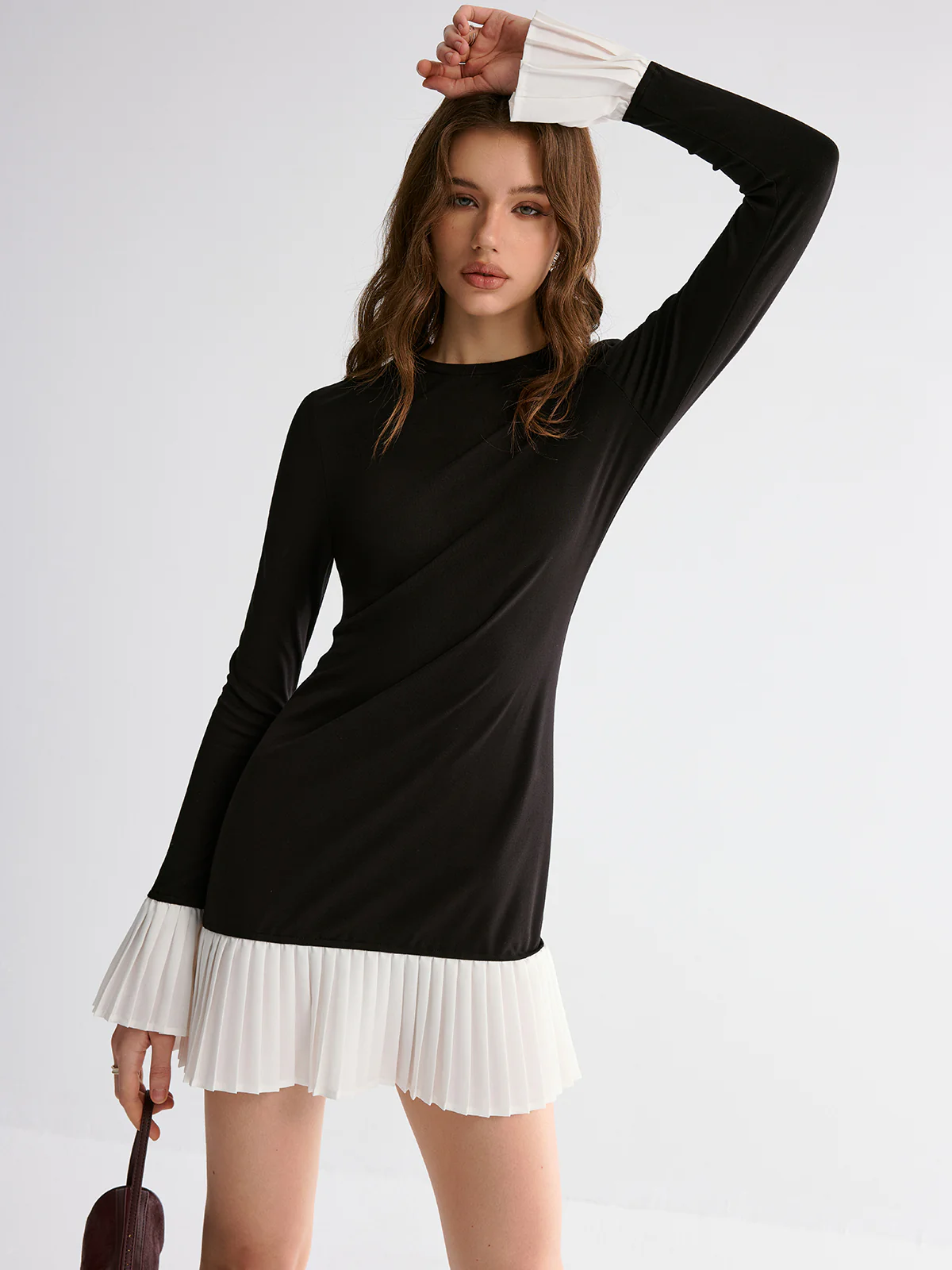 Pleated Contrast Flared Sleeve Dress - Wholesalesil