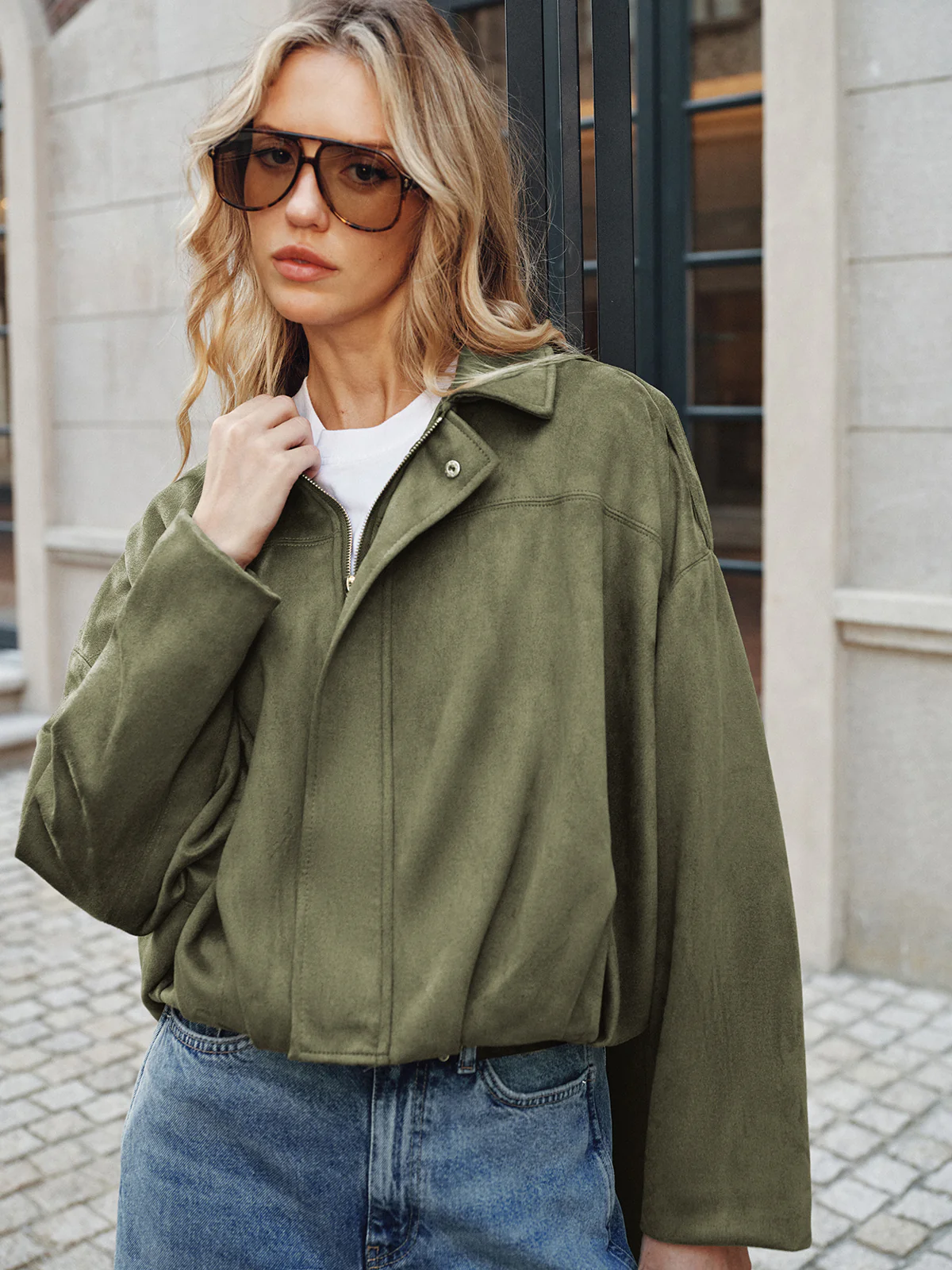 Suede Effect Zip-Up Collared Jacket - Wholesalesil