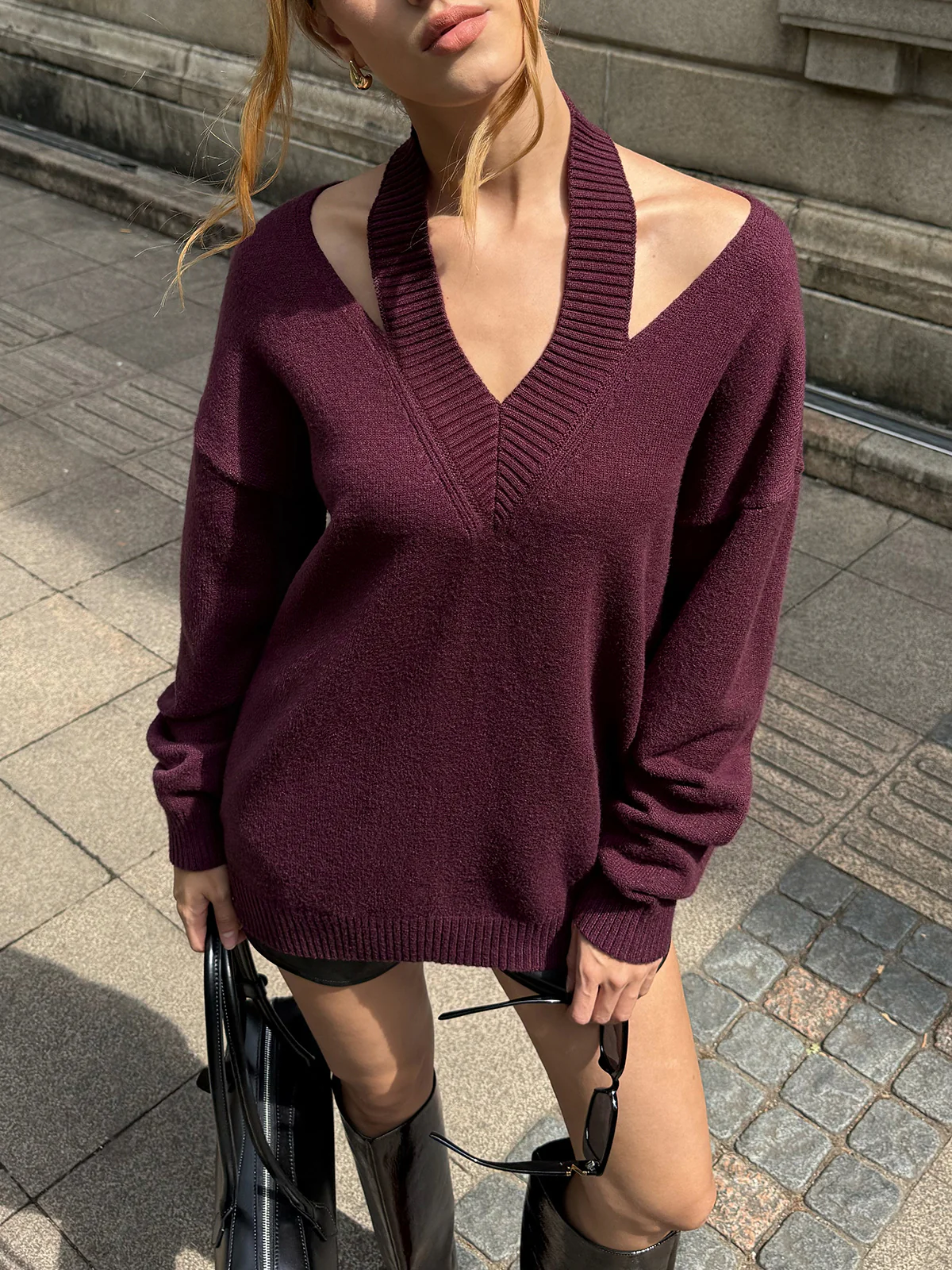 Halter Off-shoulder V-Neck Sweater - Wholesalesil