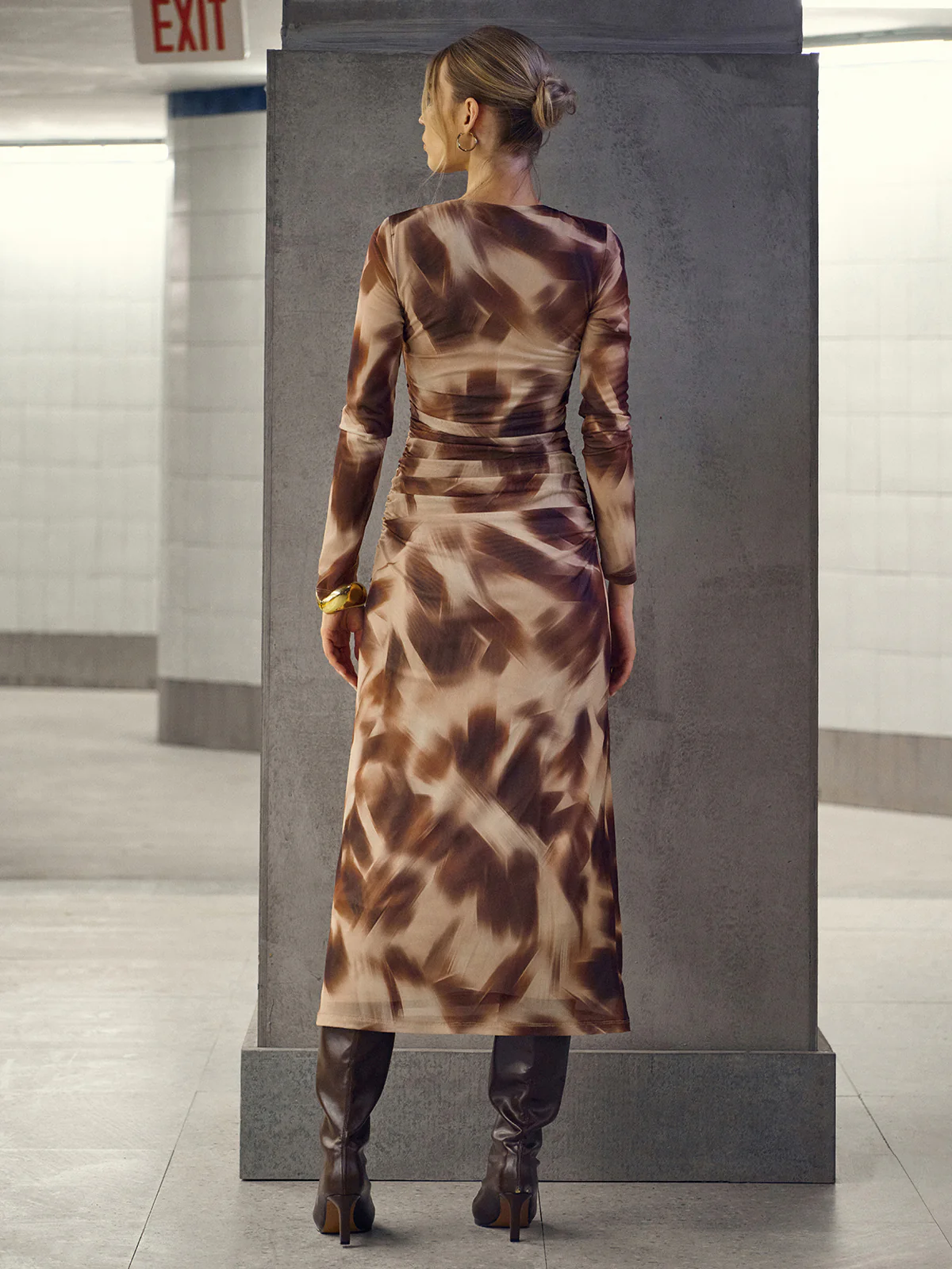 Abstract Print Twisted Mesh Midi Dress - Wholesalesil