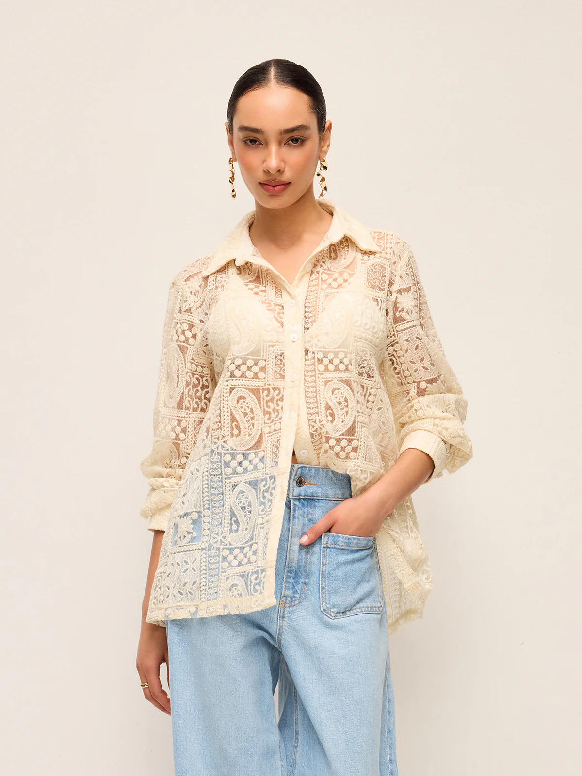 Long-Sleeve Lace Polo Collar Cotton-Blend Shirt - Wholesalesil