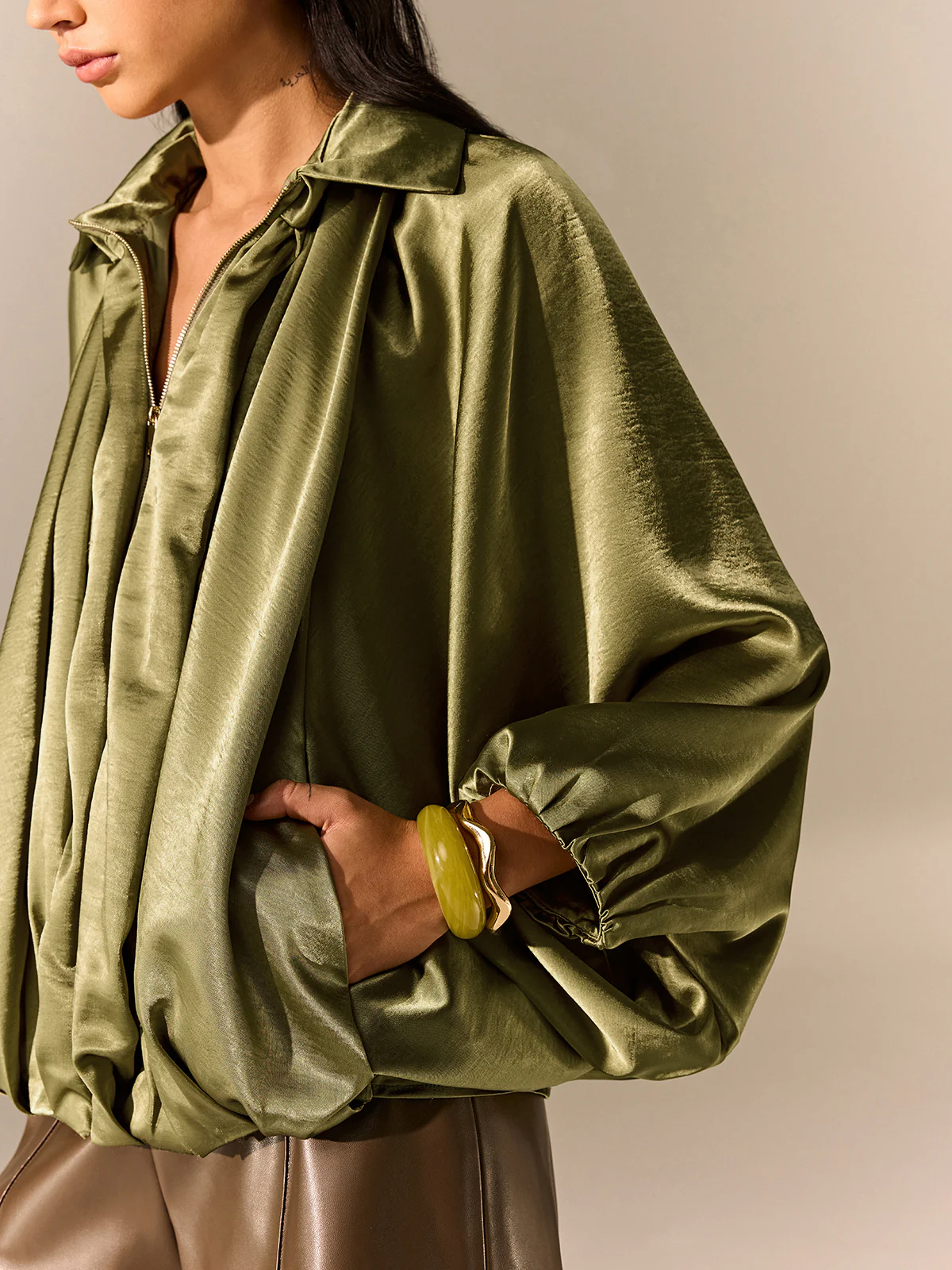 Satin Pleated Lantern-Sleeve Shirt Jacket - Wholesalesil
