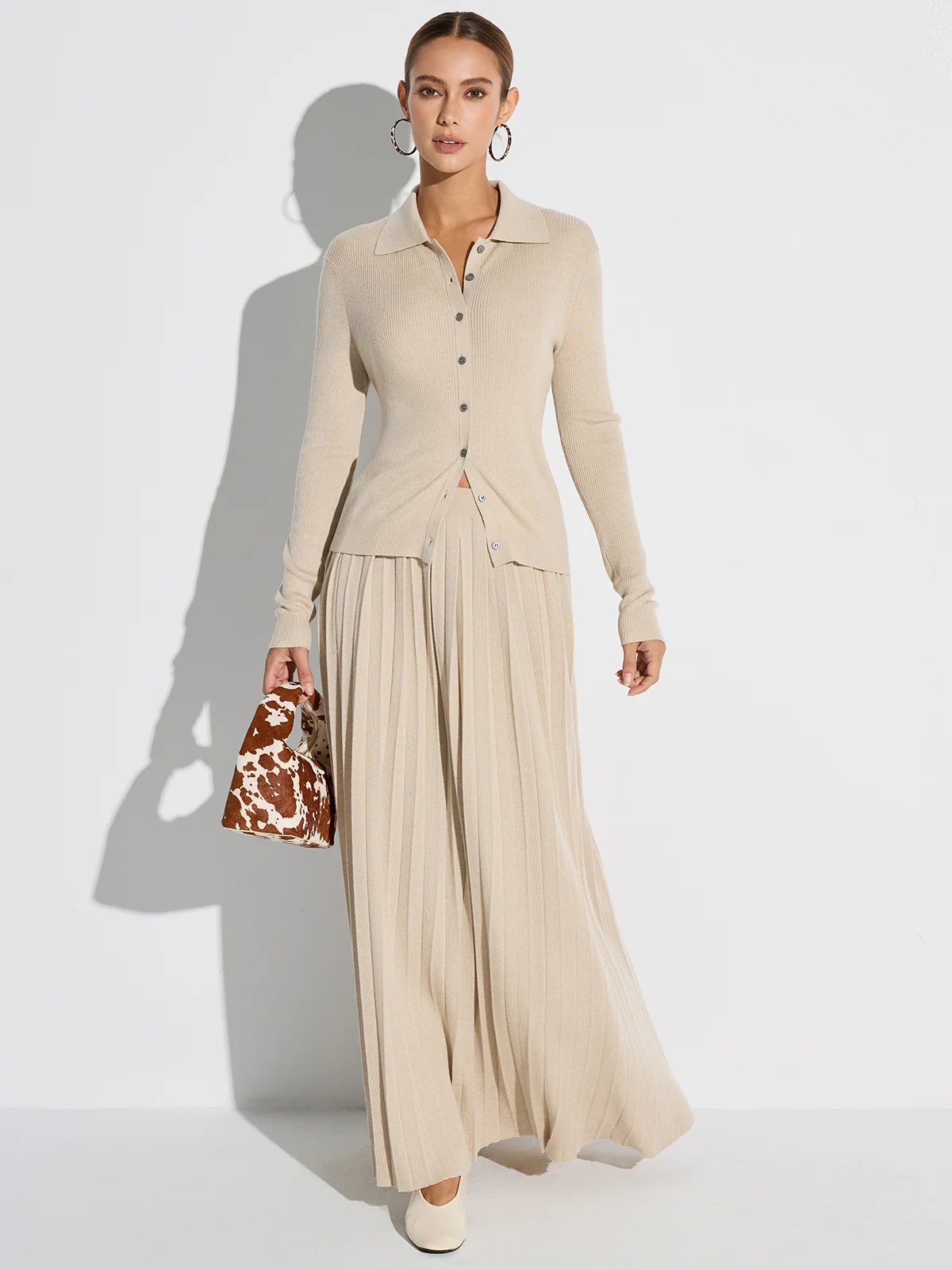 Ribbed Wool Blend Polo Collar Cardigan - Wholesalesil