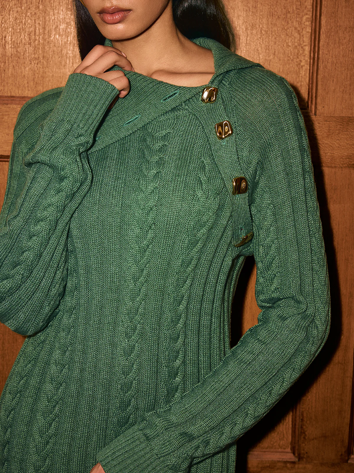 Asymmetric Collar Cable-Knit Sweater Dress - Wholesalesil