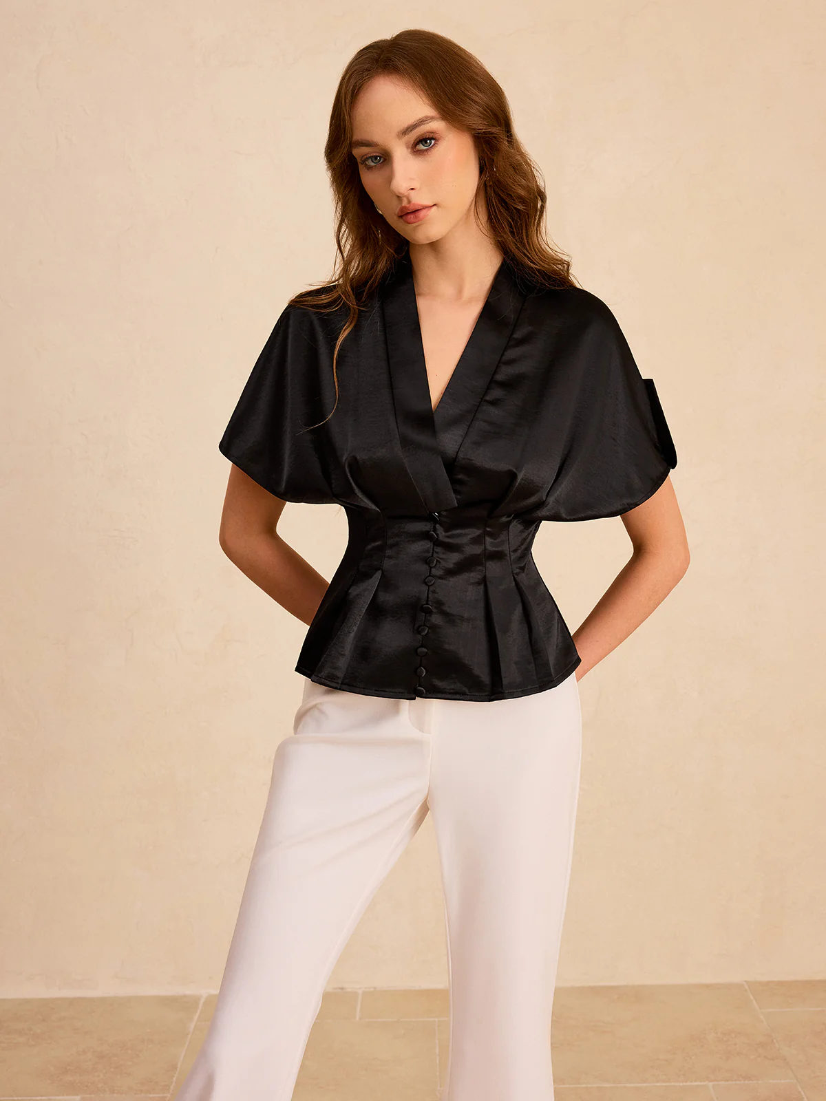 Satin Pleated Button Peplum Top - Wholesalesil