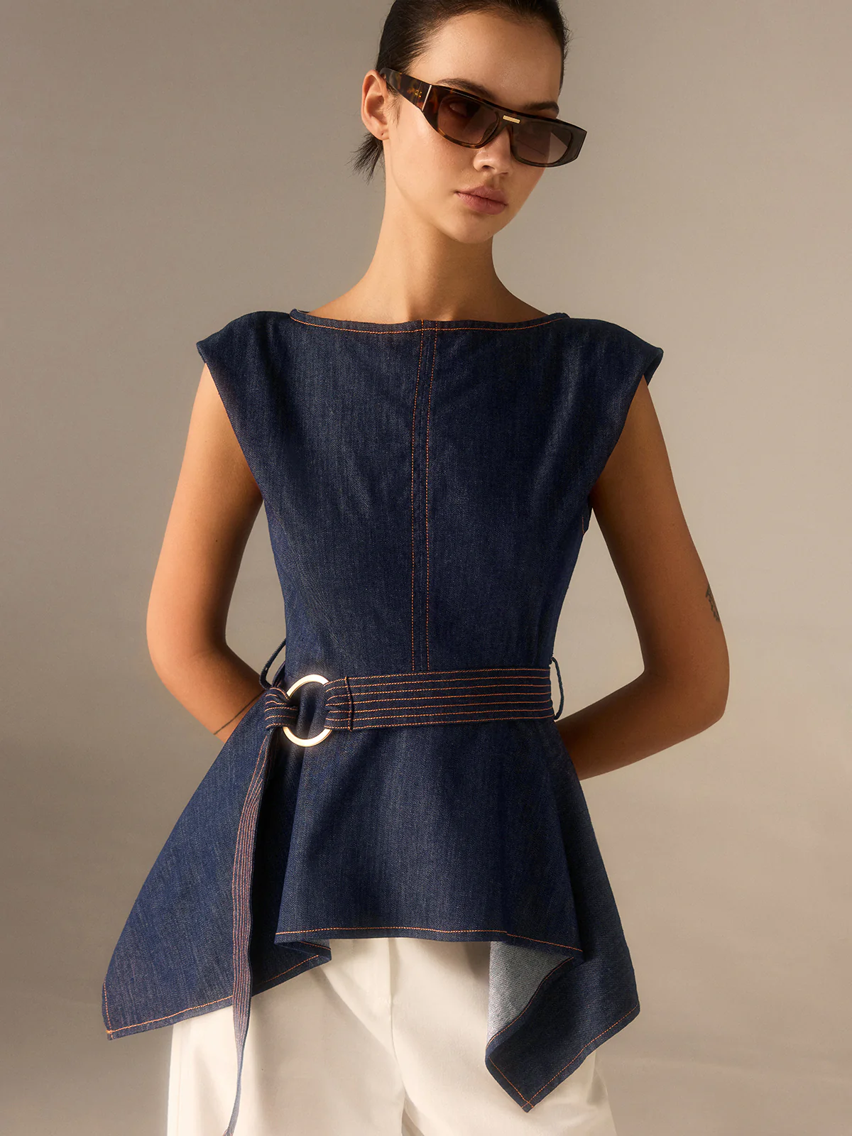 Denim Peplum Belted Top with Asymmetric Hem - Wholesalesil