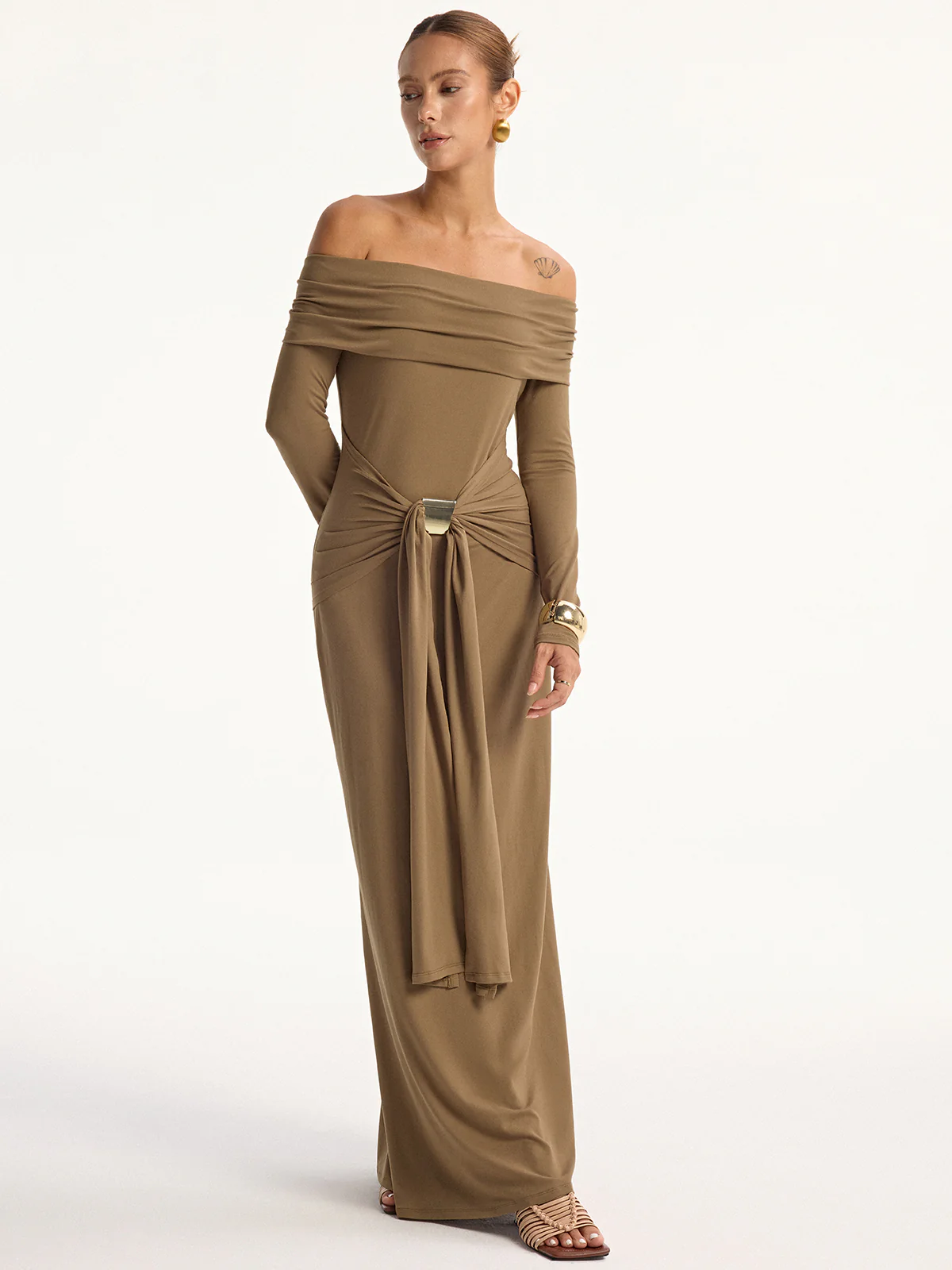 Off-Shoulder Long Sleeve Maxi Dress - Wholesalesil