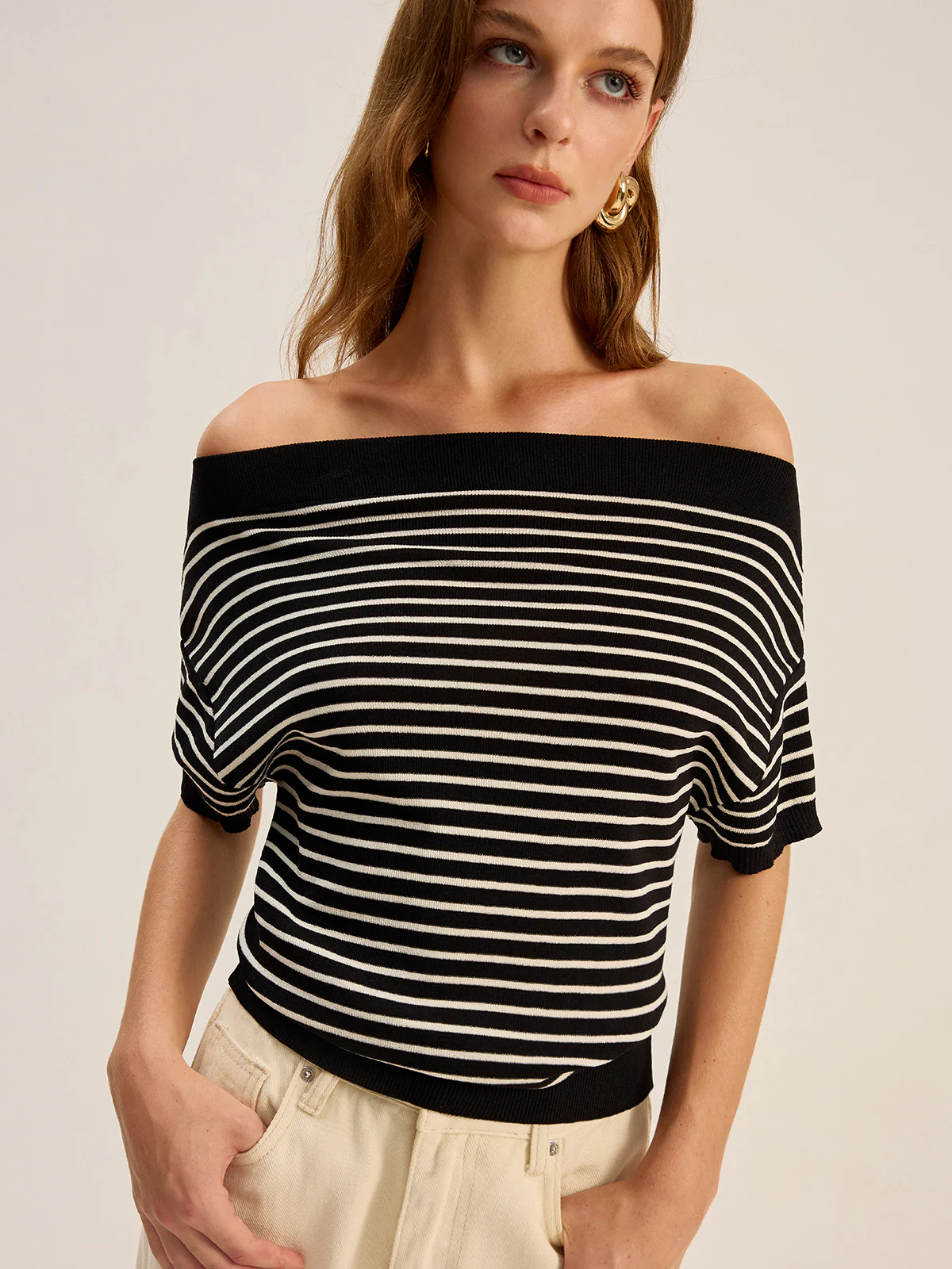Striped Off-Shoulder Knit Top - Wholesalesil
