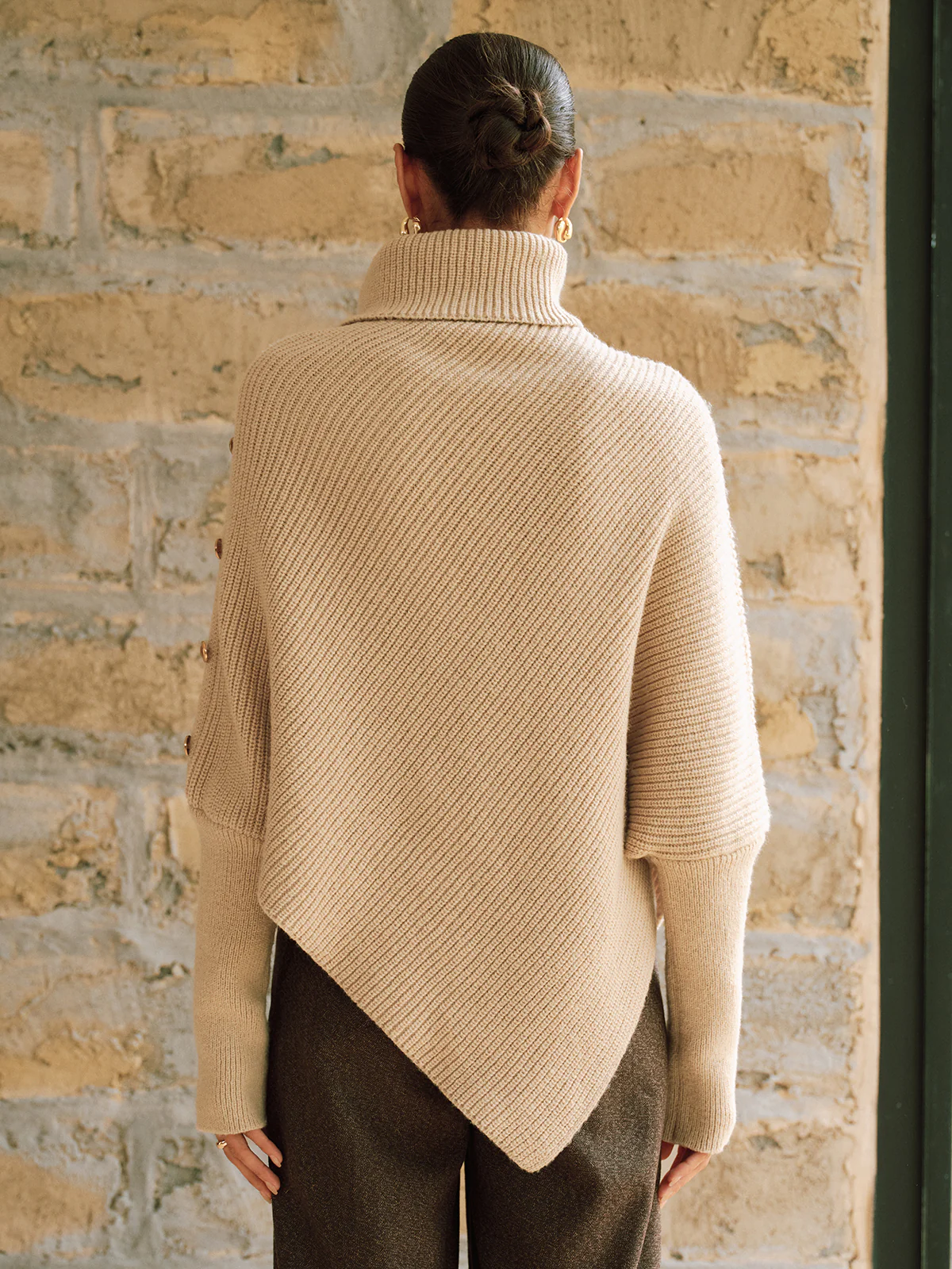 Metal Detail Turtleneck Poncho Sweater - Wholesalesil