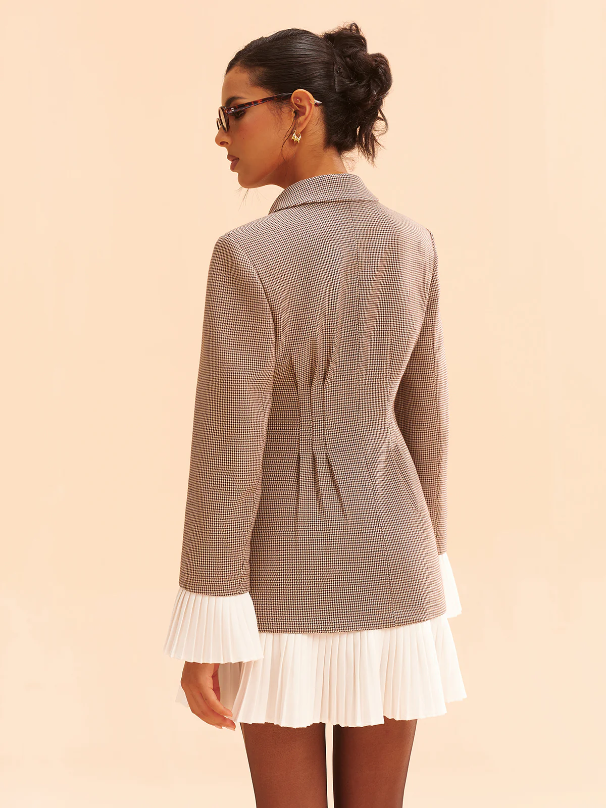 Pleated Hem Panel Houndstooth Blazer Dress - Wholesalesil