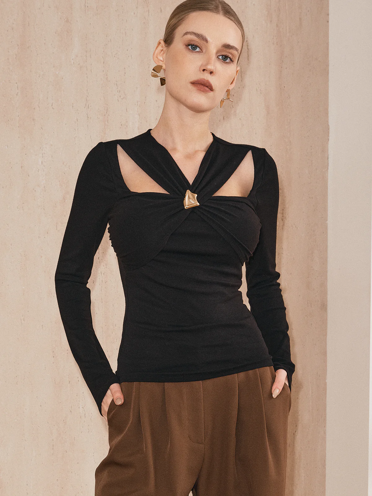 Cross-Over Front Metal Detail Long Sleeve Top - Wholesalesil