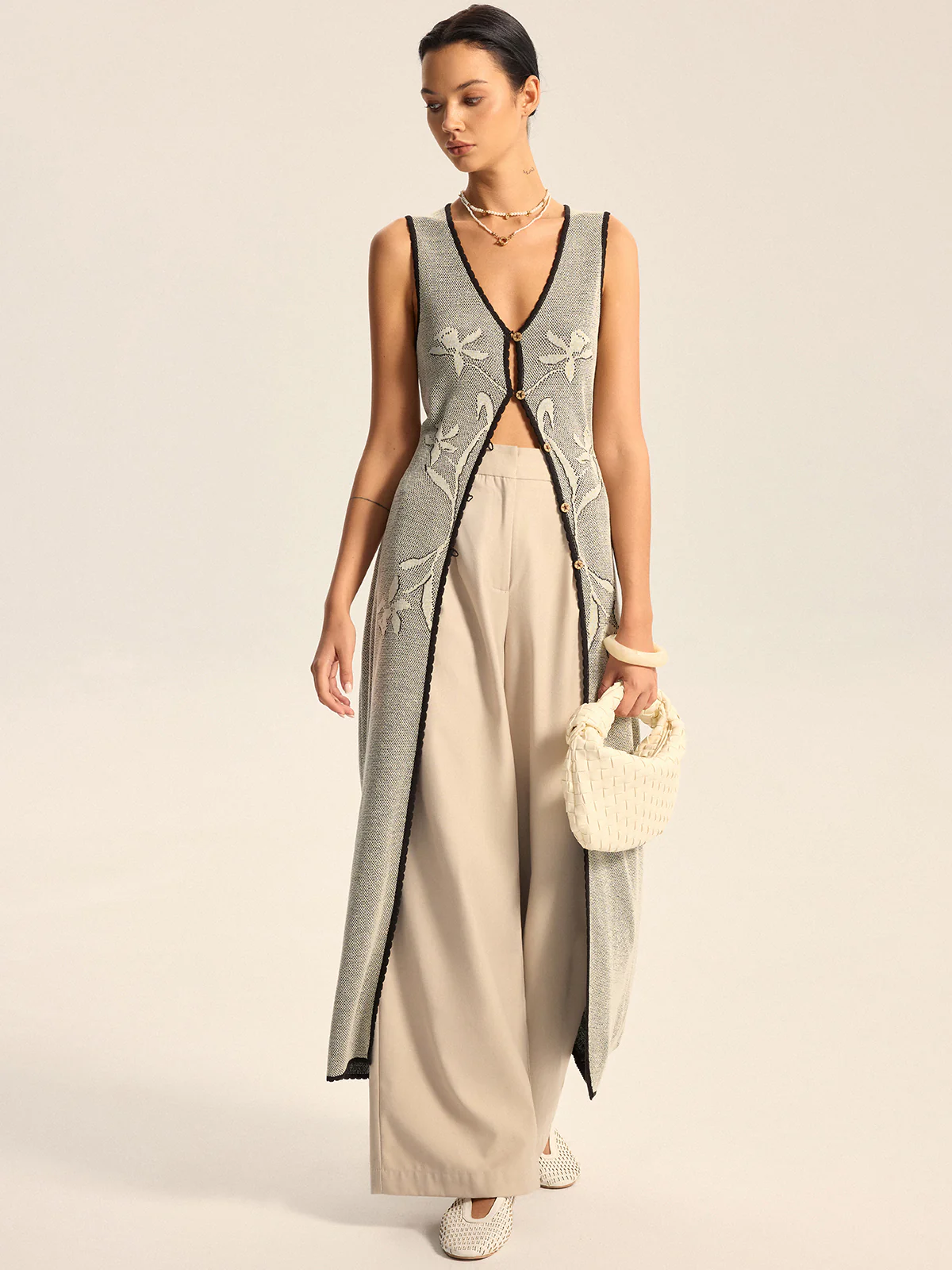 Floral Contrast Trim Knit Maxi Vest - Wholesalesil