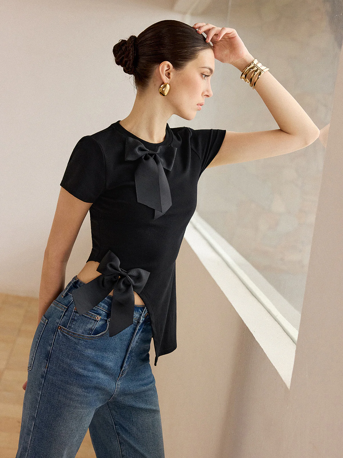 3D Bow-Detailed Top with Asymmetric Hem - Wholesalesil