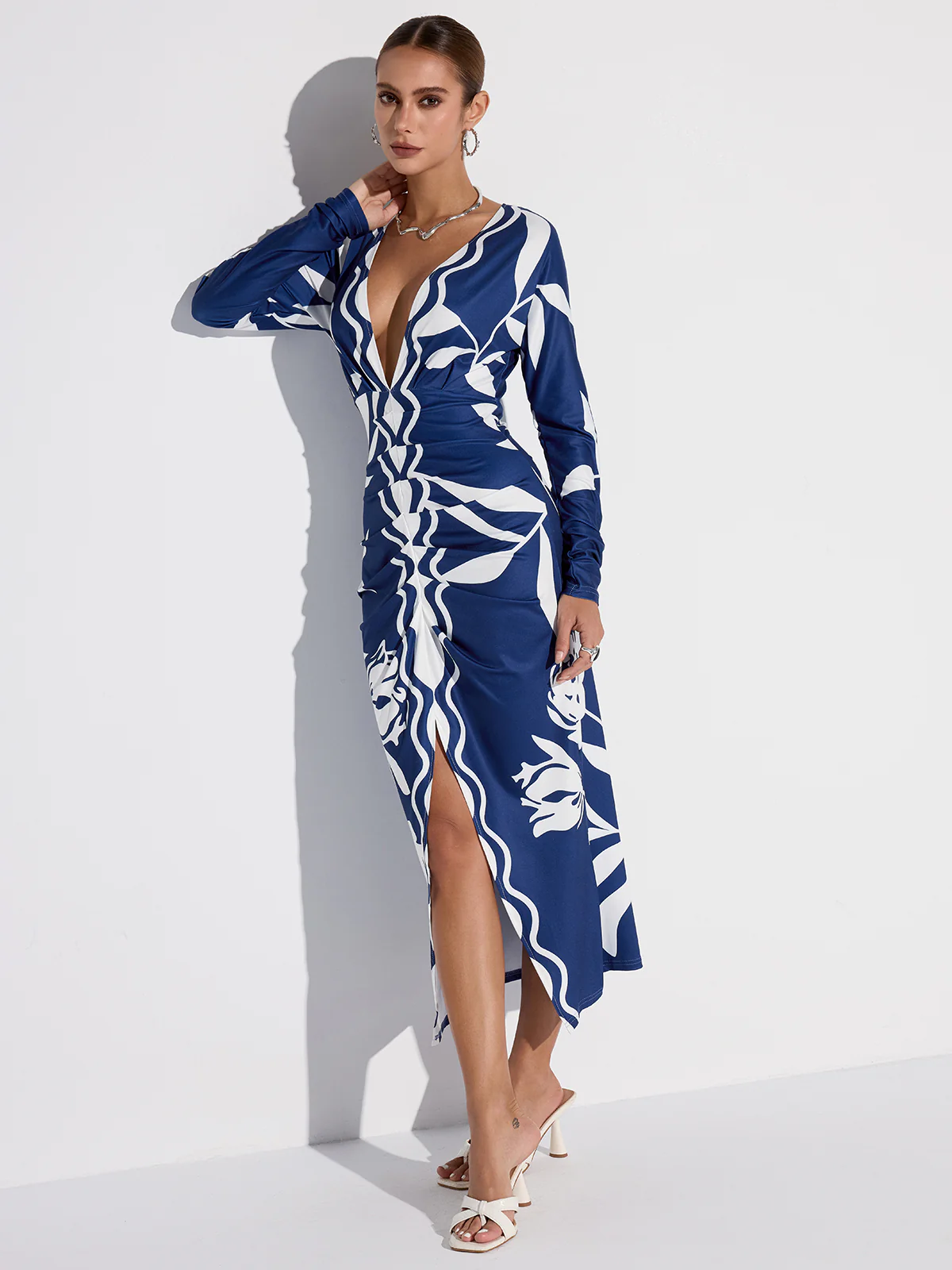 Printed Plunge Neck Slit Midi Dress - Wholesalesil