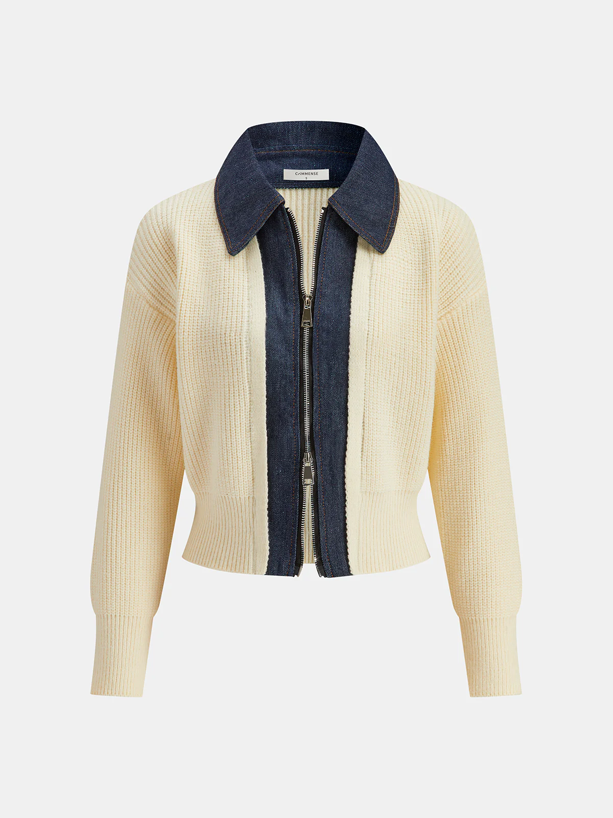 Denim Panel Zip Knitted Cardigan - Wholesalesil