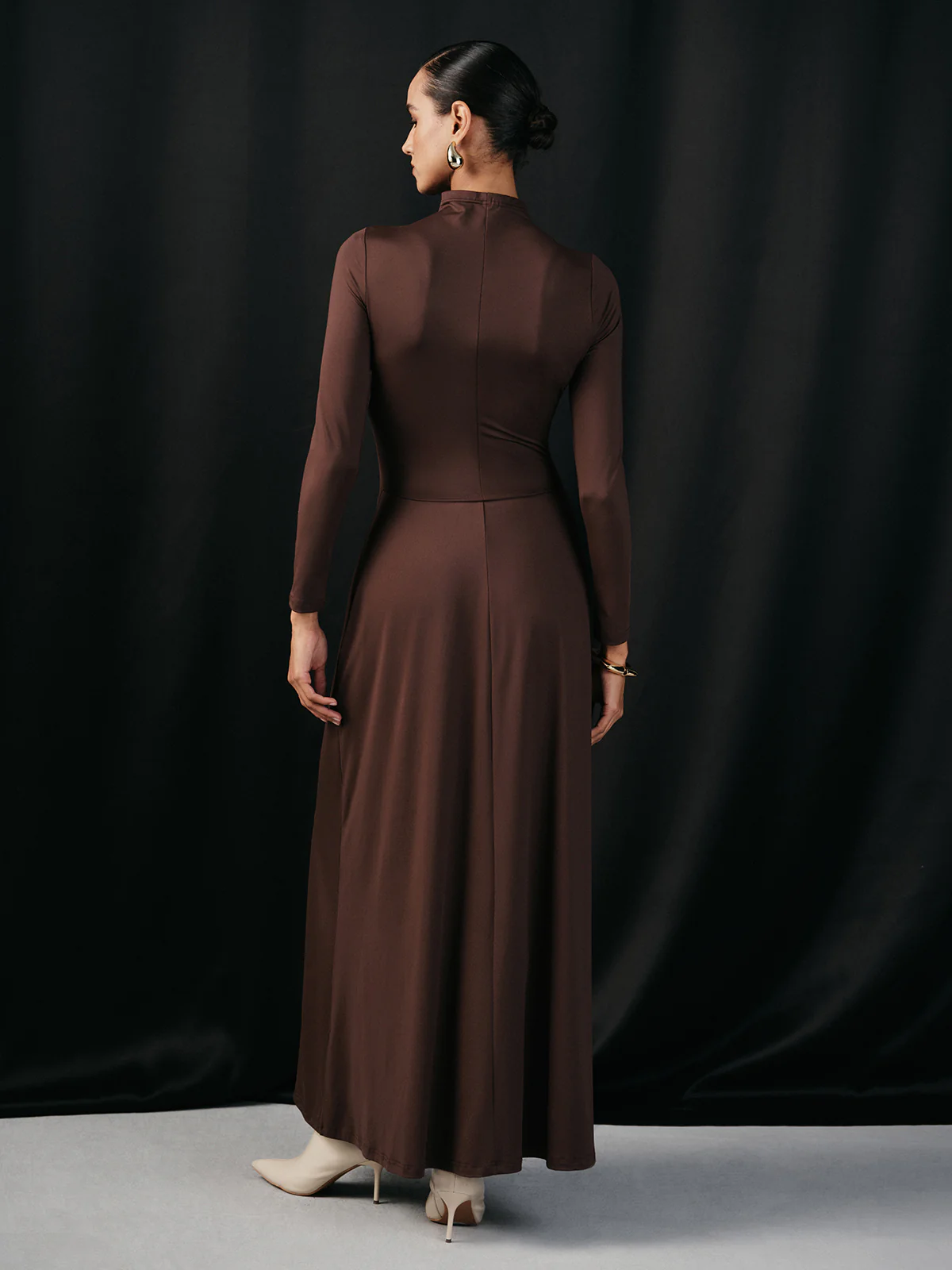 Mock Neck Corset Waist Long Sleeve Maxi Dress - Wholesalesil