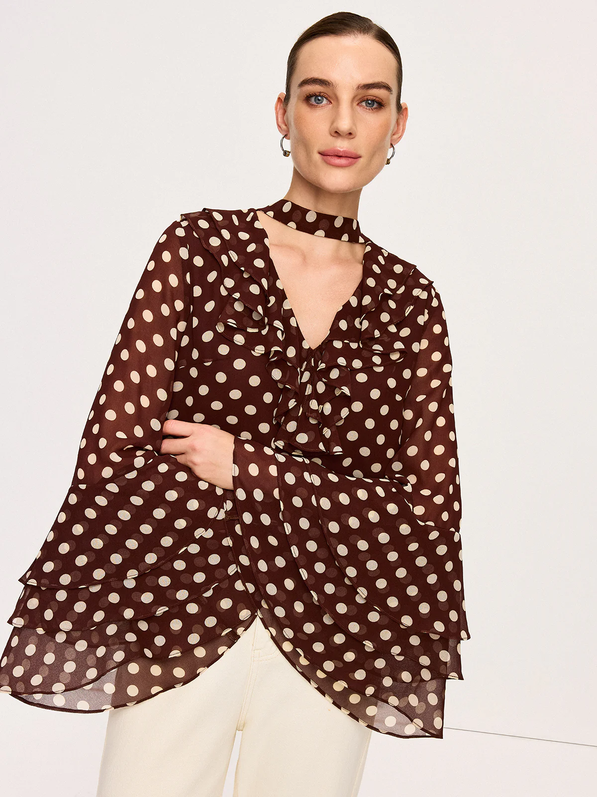 Semi-Sheer Polka Dot Bell-Sleeve Chiffon Blouse - Wholesalesil