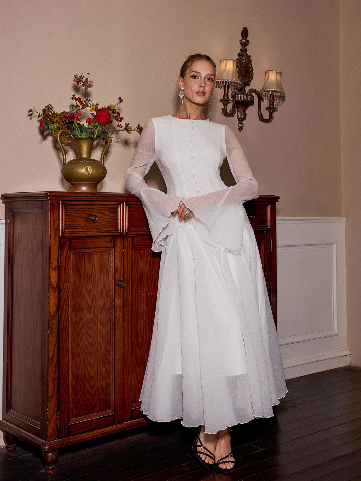 Sheer Bell Sleeve Maxi Dress - Wholesalesil