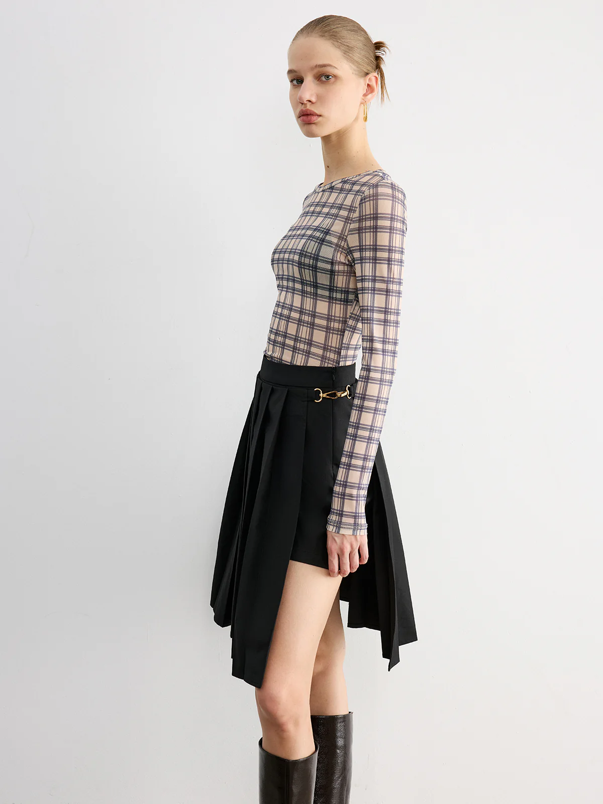 Plaid Sheer Long Sleeve Top - Wholesalesil