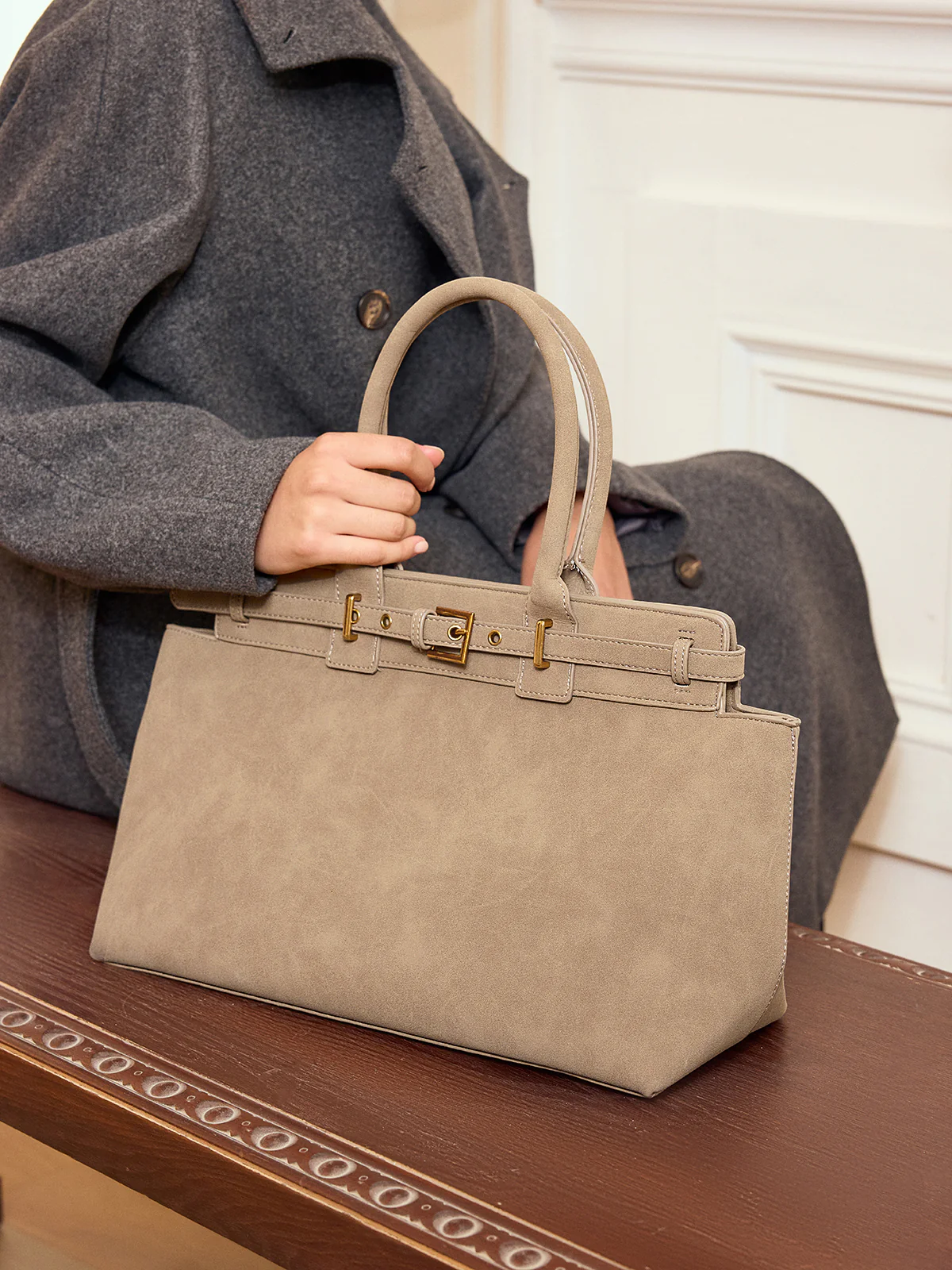 Belt Detail Top Handle Tote Bag - Wholesalesil