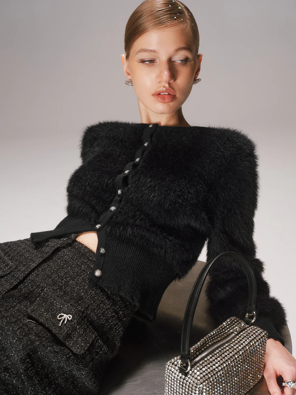 Button-Front Faux Mink Cropped Cardigan - Wholesalesil