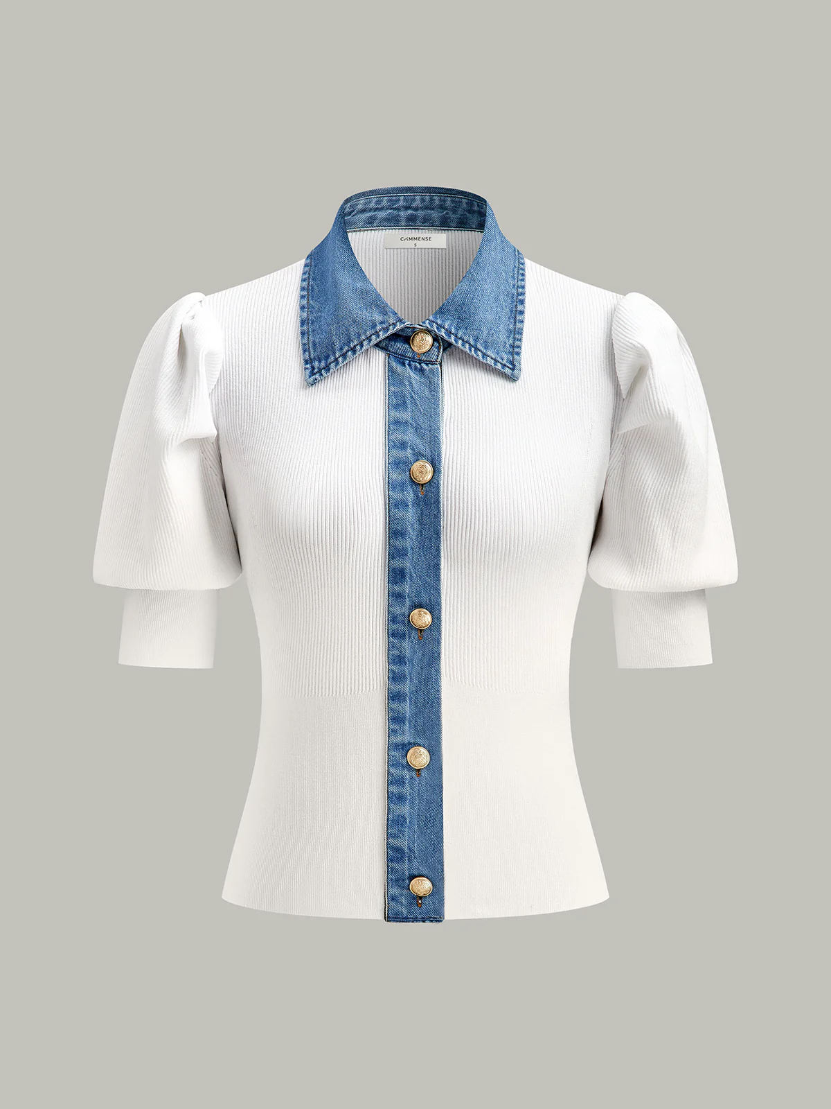 Knitted and Denim Contrast Button Top - Wholesalesil