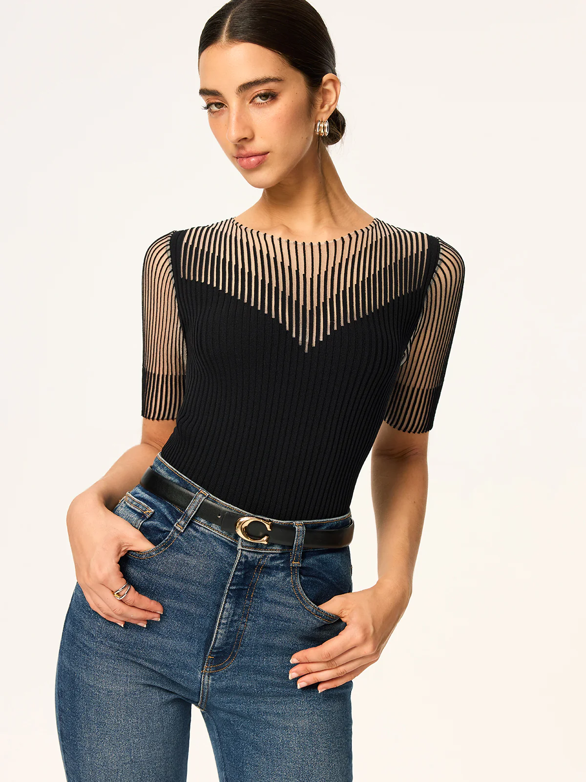 Sheer Striped Panel Ribbed Knit Top - Wholesalesil