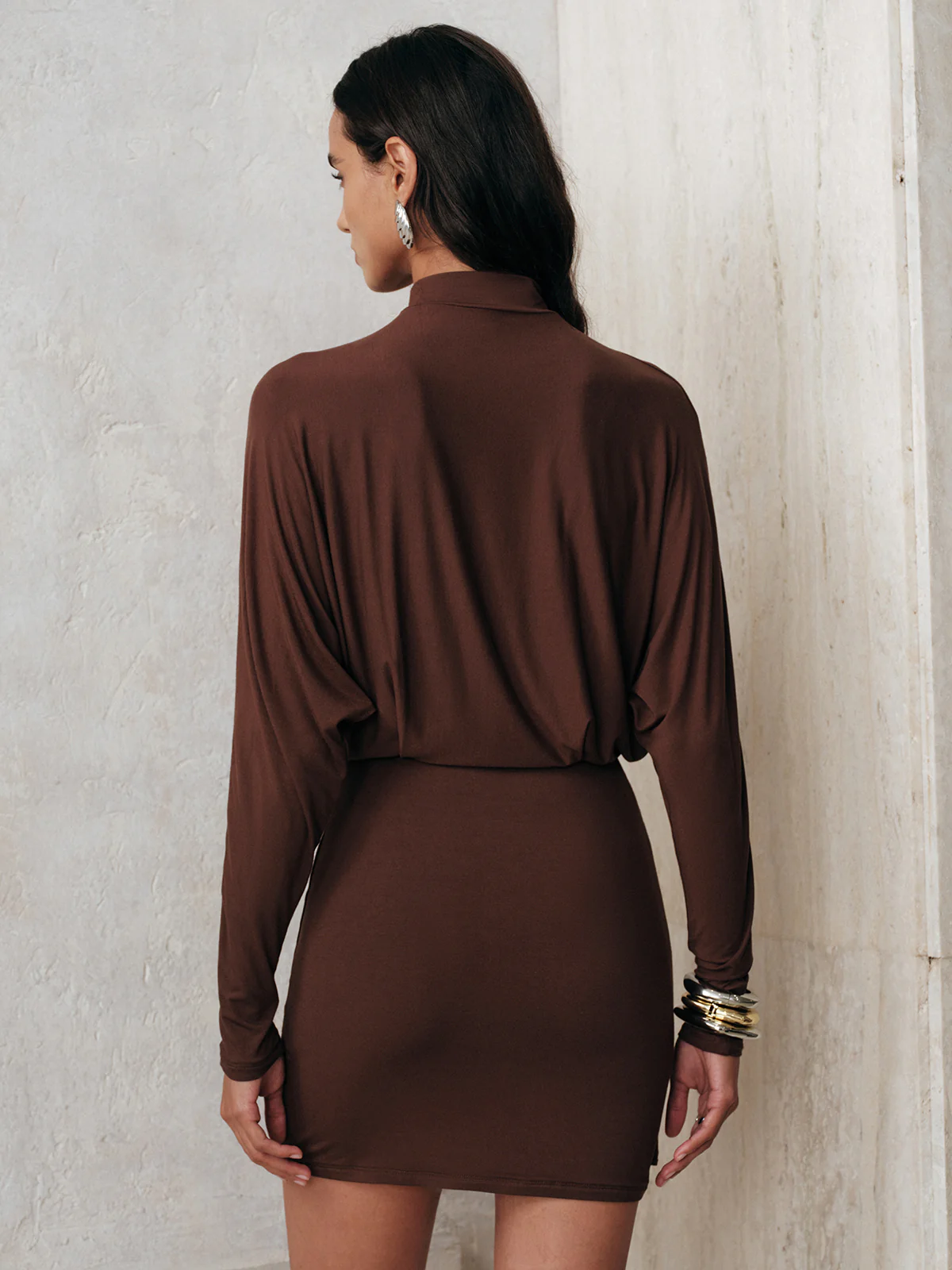 High-Neck Draped Batwing Sleeve Mini Dress - Wholesalesil