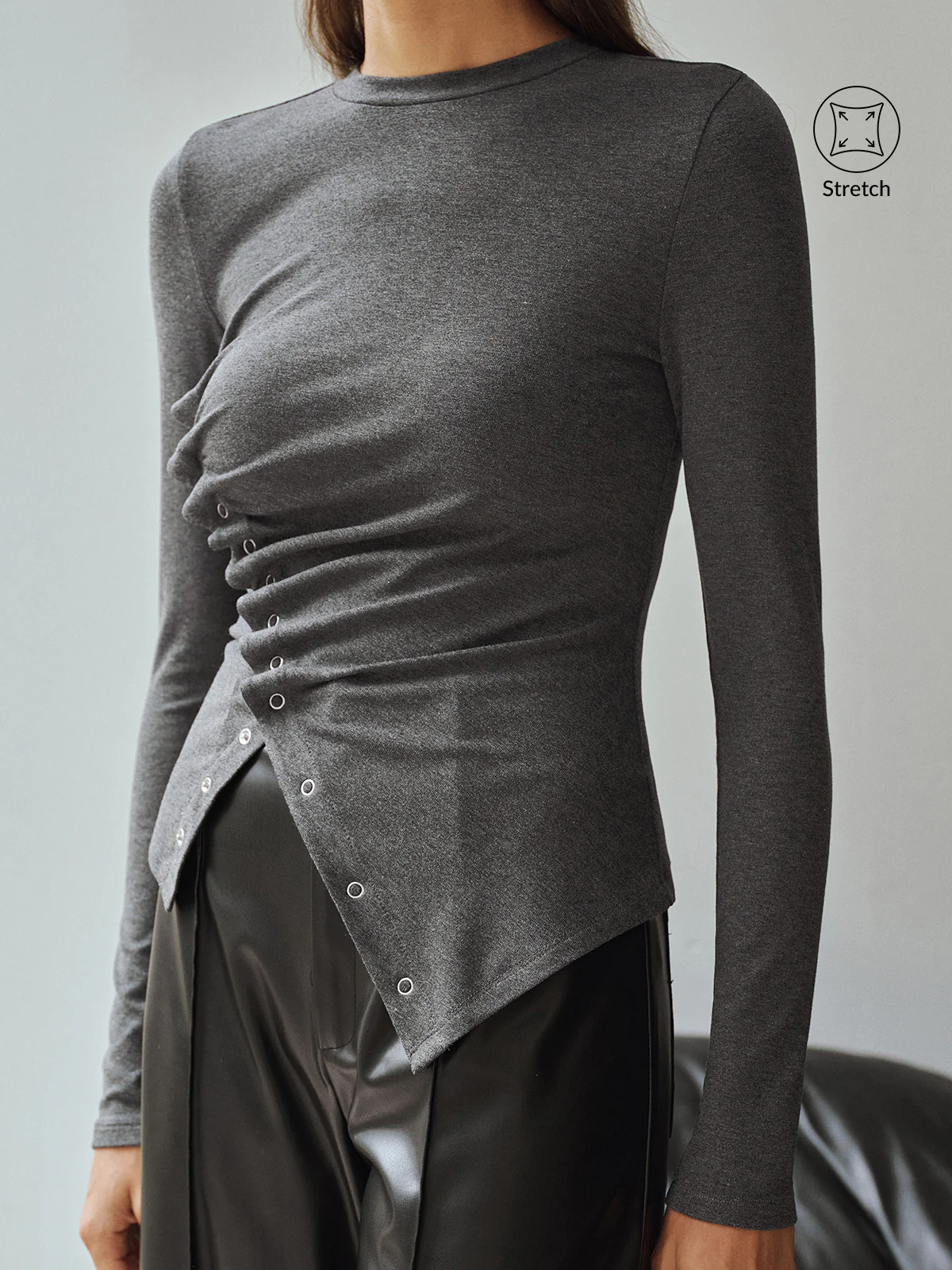 Asymmetric Ruched Long Sleeve Top - Wholesalesil