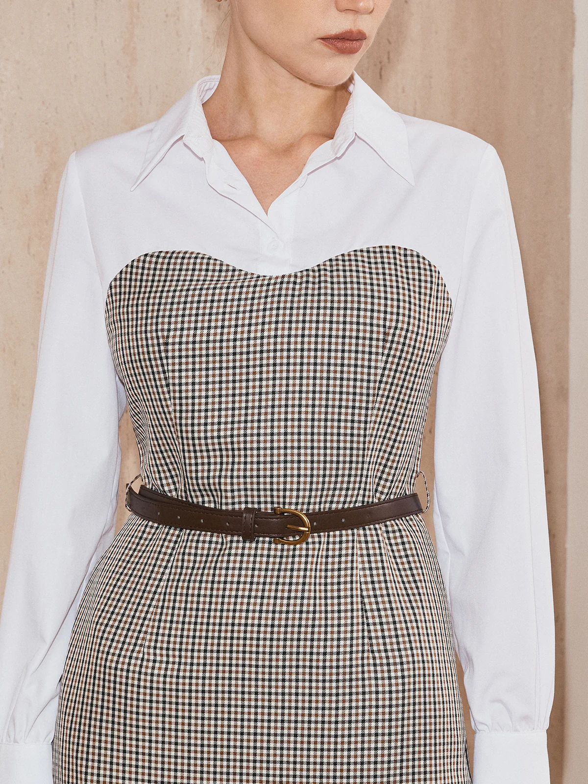 2 in 1 Shirt Plaid Panel Midi Dress with Belt - Wholesalesil