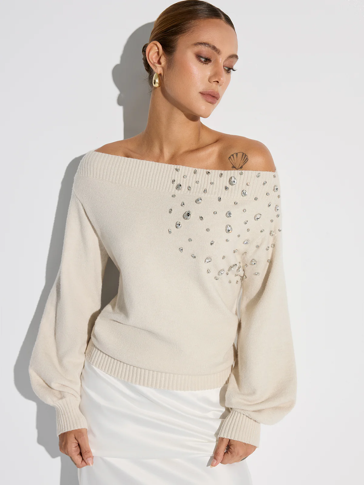 Rhinestone-Embellished Off-Shoulder Sweater - Wholesalesil