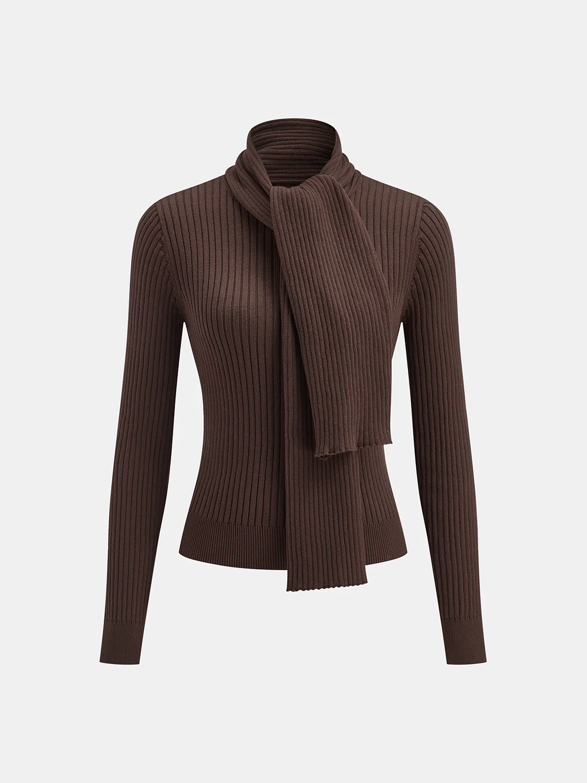 Ribbed Knit Scarf Detail Fitted Top - Wholesalesil