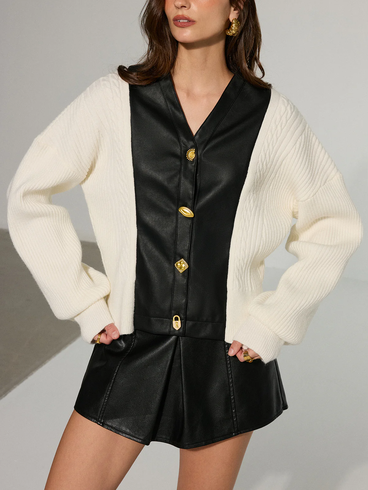Leather Patchwork Button Down Cardigan - Wholesalesil