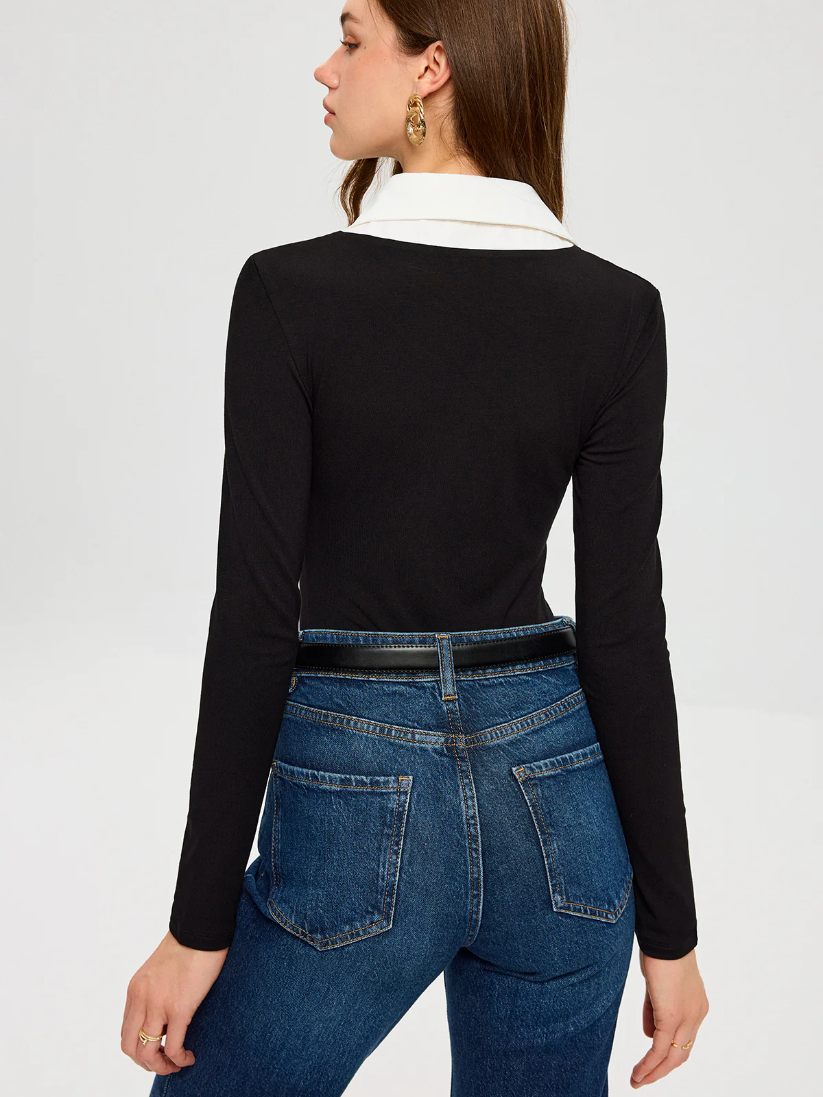 High-Stretch Contrast Shirt Collar Knit Bodysuit - Wholesalesil