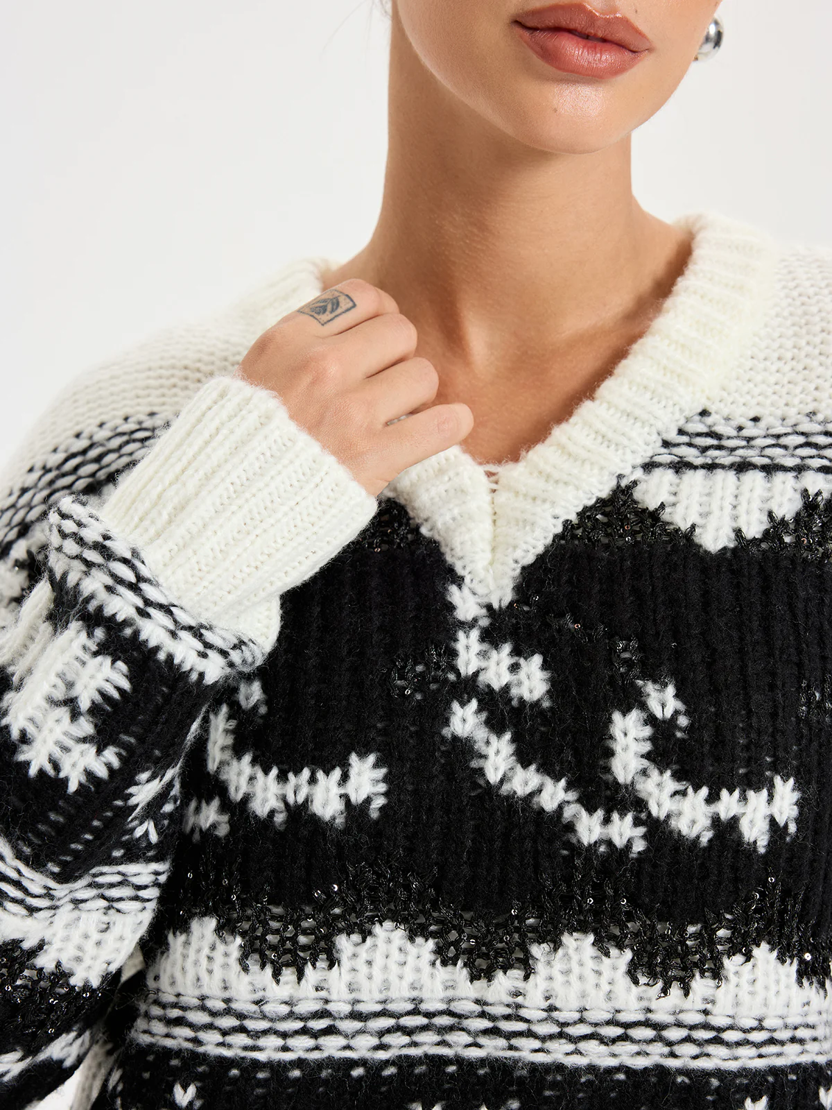 V-Neck Sequin Cowichan Sweater - Wholesalesil