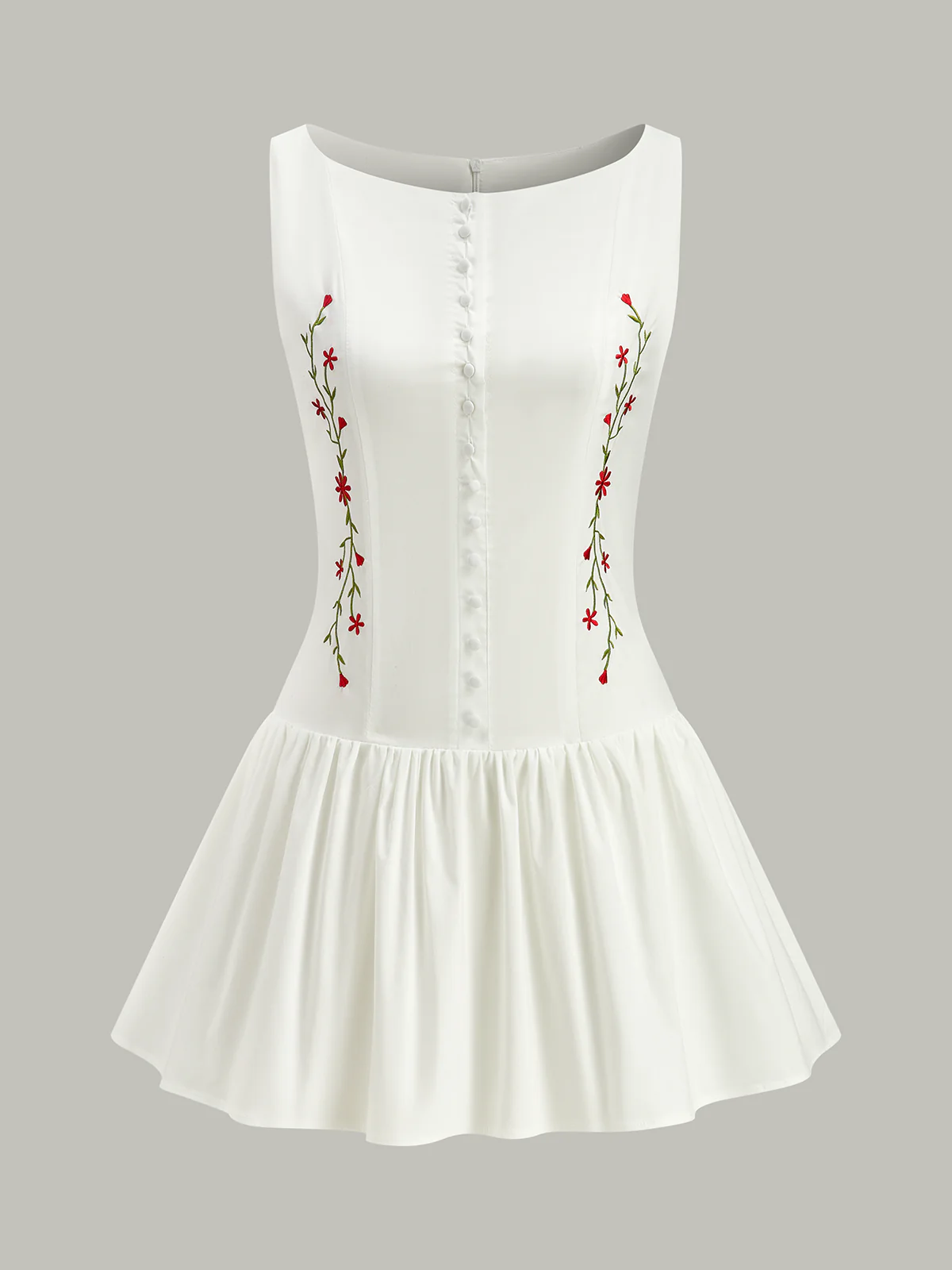 Embroidered Floral Mini Dress with Front Buttons - Wholesalesil