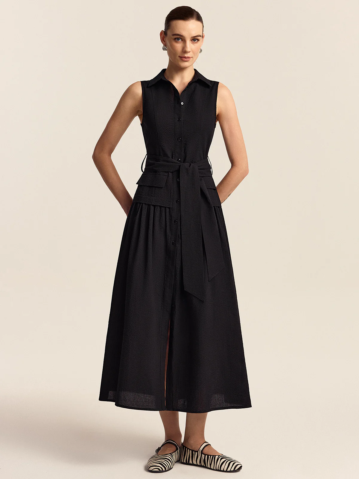 Button-Front Midi Dress with Belt - Wholesalesil