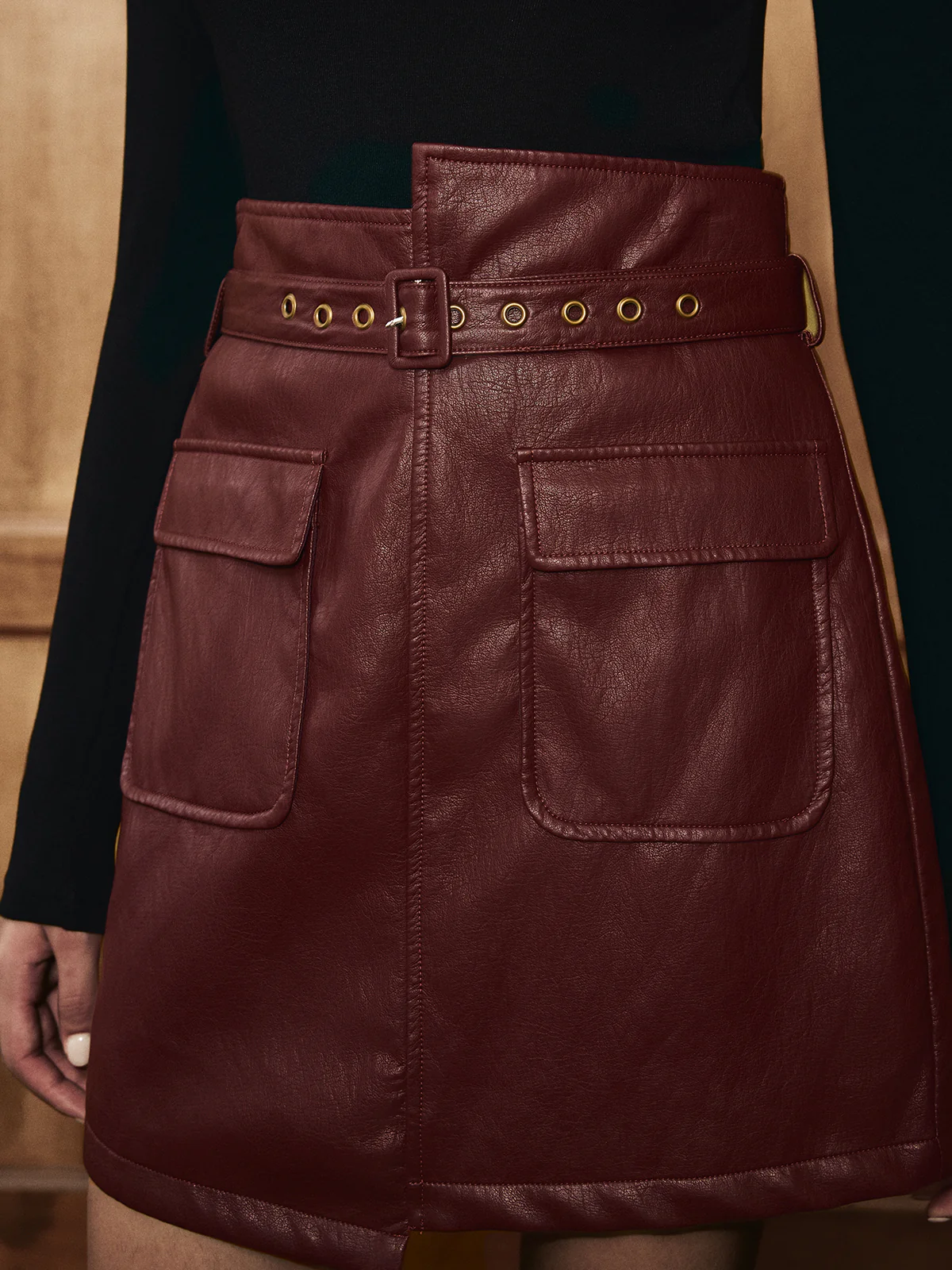 Belted Asymmetric Faux Leather Mini Skirt - Wholesalesil