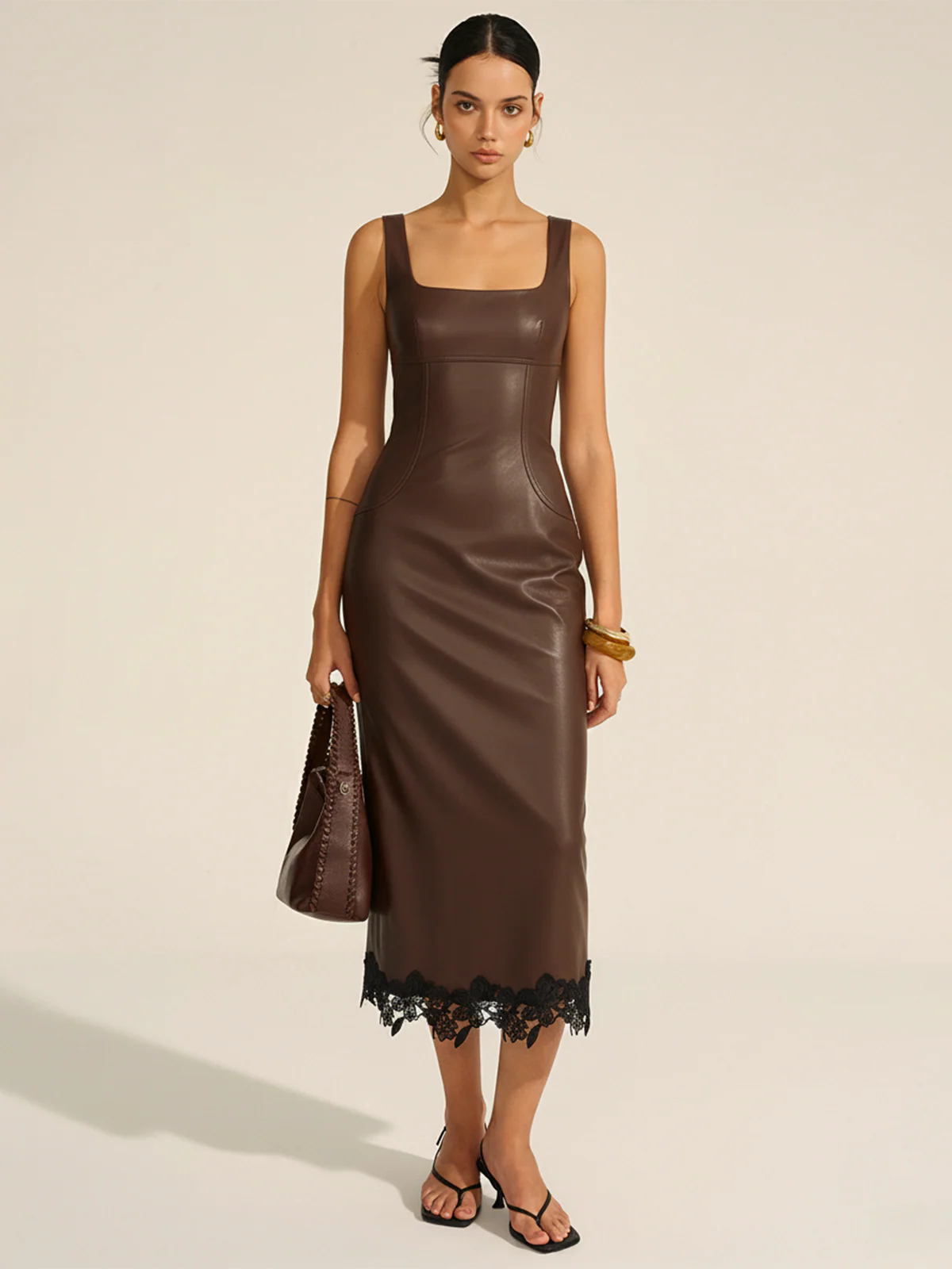 Lace Trim PU Leather Sleeveless Maxi Dress - Wholesalesil