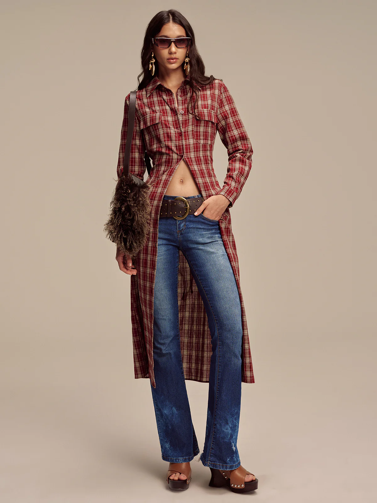 Plaid Button Front Shirt Dress - Wholesalesil