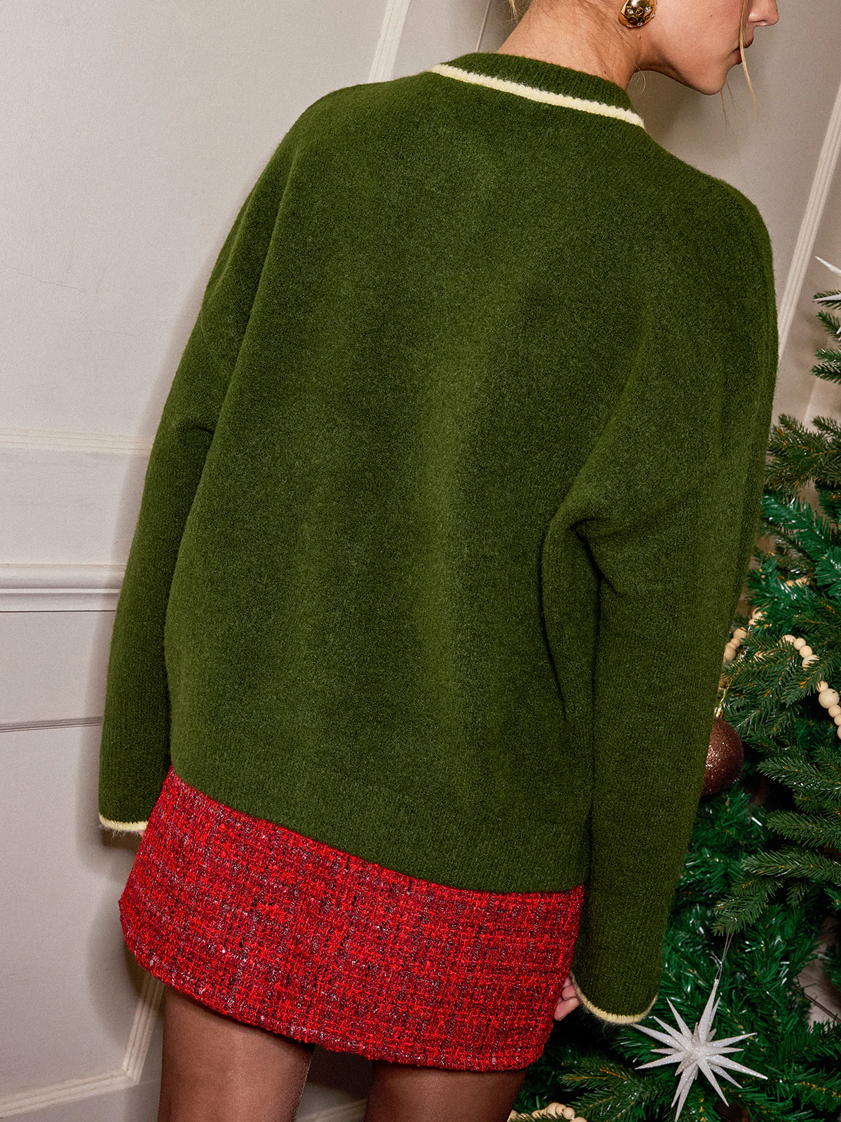 Wool Blend Contrast Trim Button Cardigan - Wholesalesil