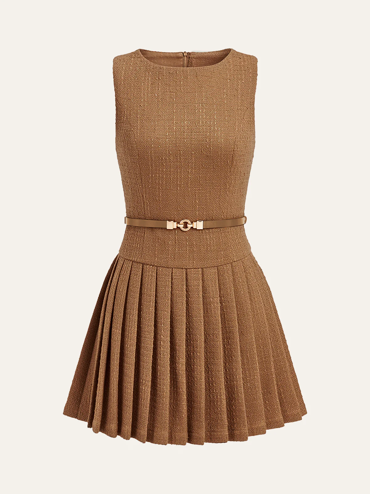 Tweed Sleeveless Pleated Mini Dress with Belt - Wholesalesil