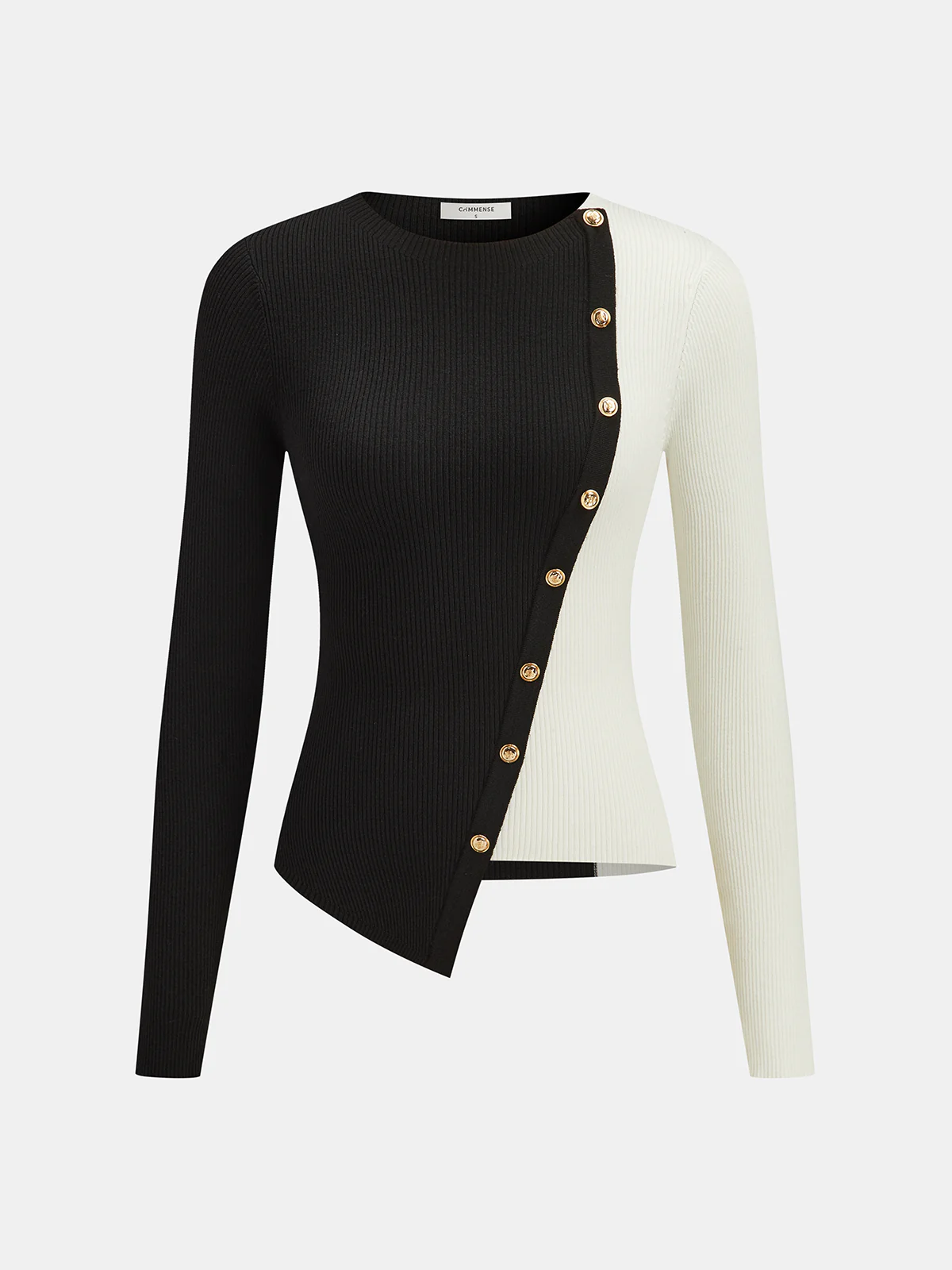 Asymmetric Color Block Metal Button Ribbed Knit Top - Wholesalesil