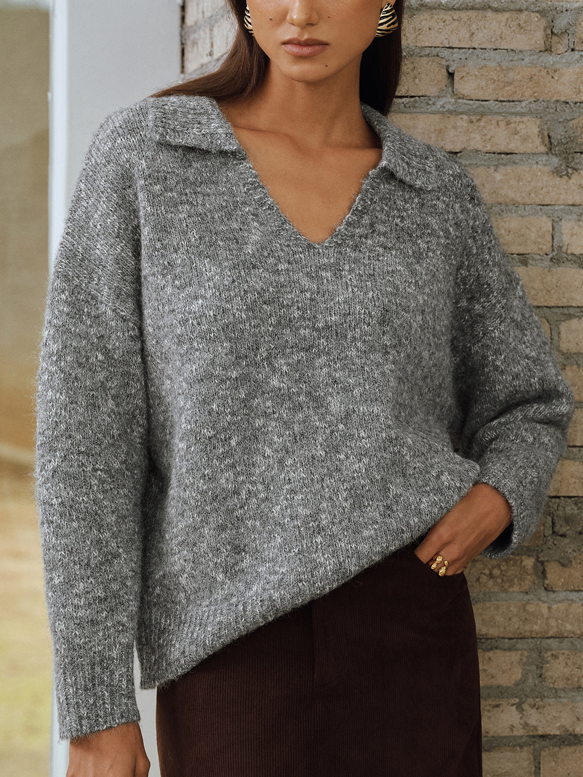 Wool Blend Collared V-Neck Sweater - Wholesalesil