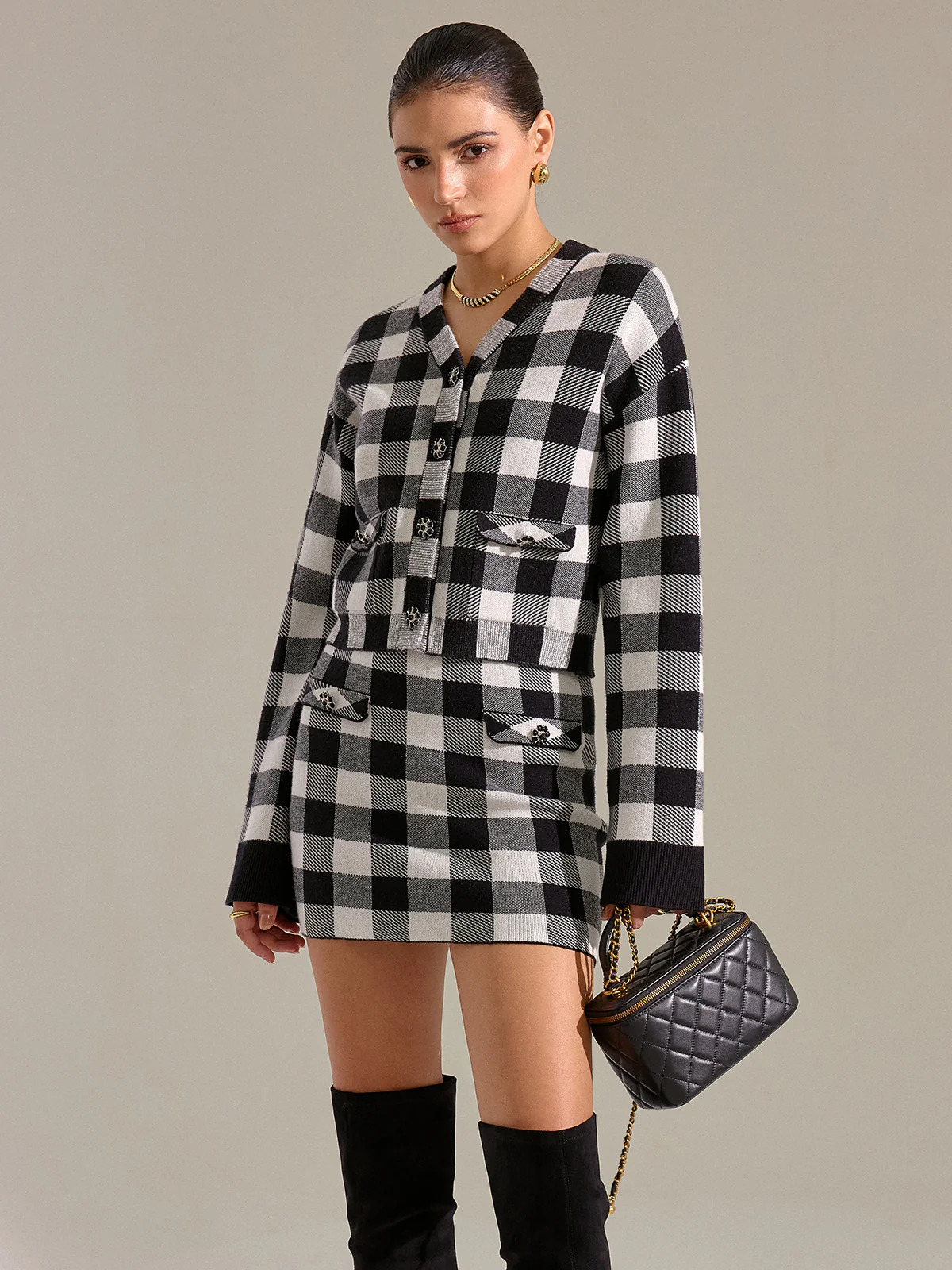 Checkered Wool Blend Button Cardigan - Wholesalesil