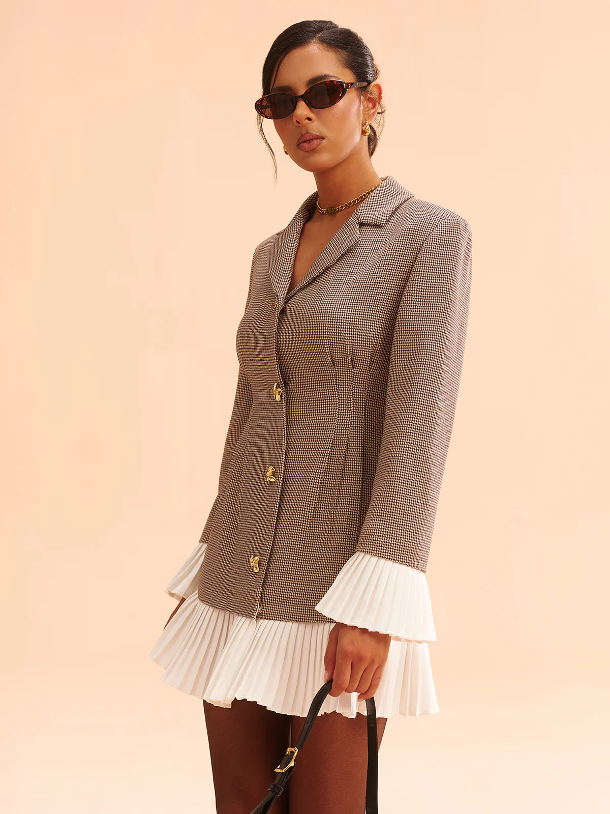 Pleated Hem Panel Houndstooth Blazer Dress - Wholesalesil