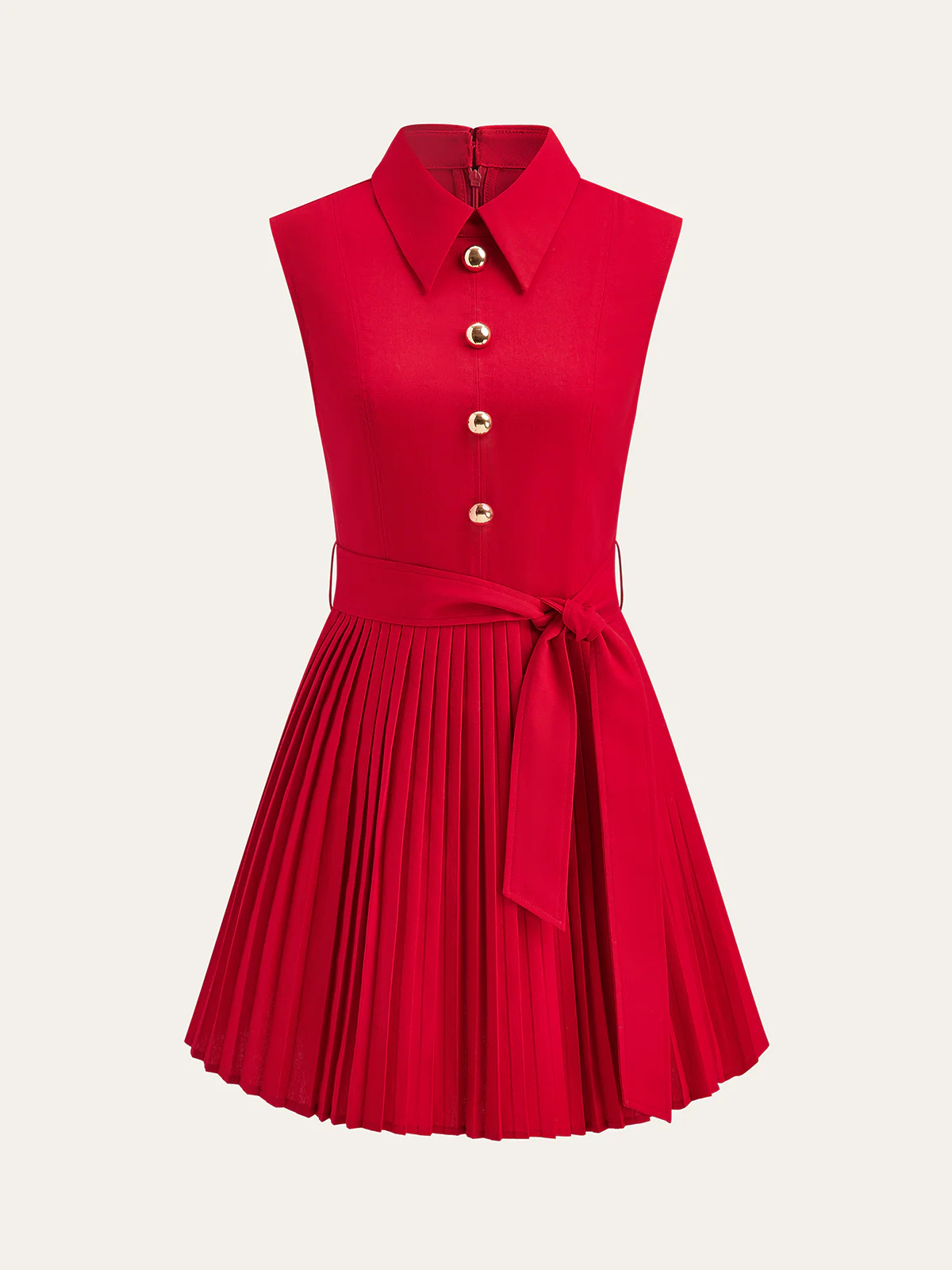 Shirt-Collar Pleated Dress with Belt - Wholesalesil
