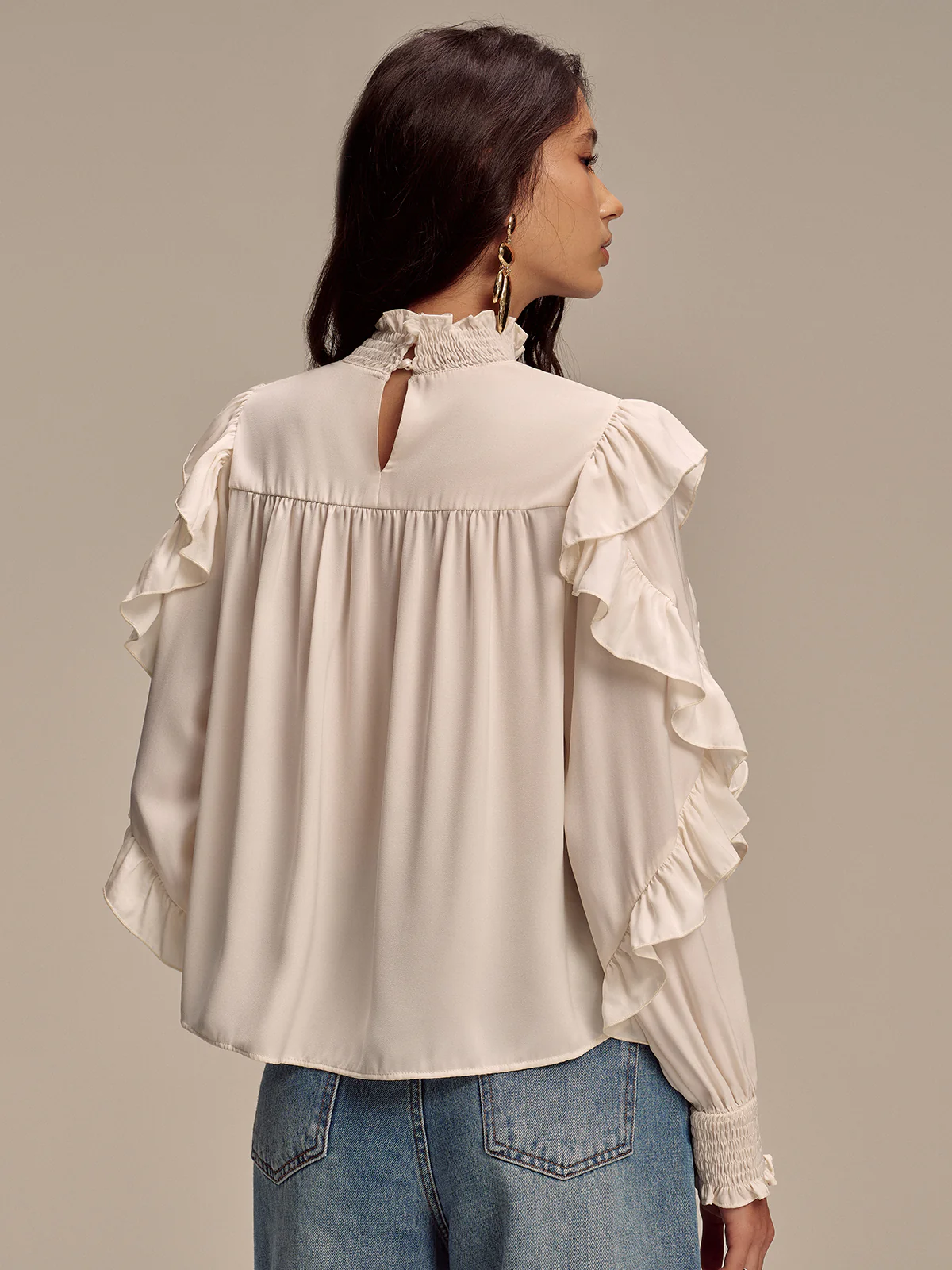 Embroidered Mock Neck Ruffled Blouse - Wholesalesil